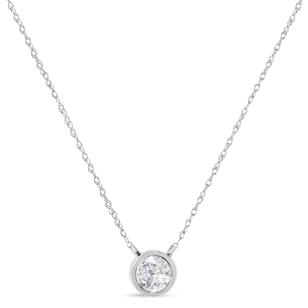 AGS Certified 10K White Gold 1/5 Cttw Bezel Set Round Diamond Solitaire 16-18" Adjustable Pendant Necklace (H-I Color, SI1-SI2 Clarity)