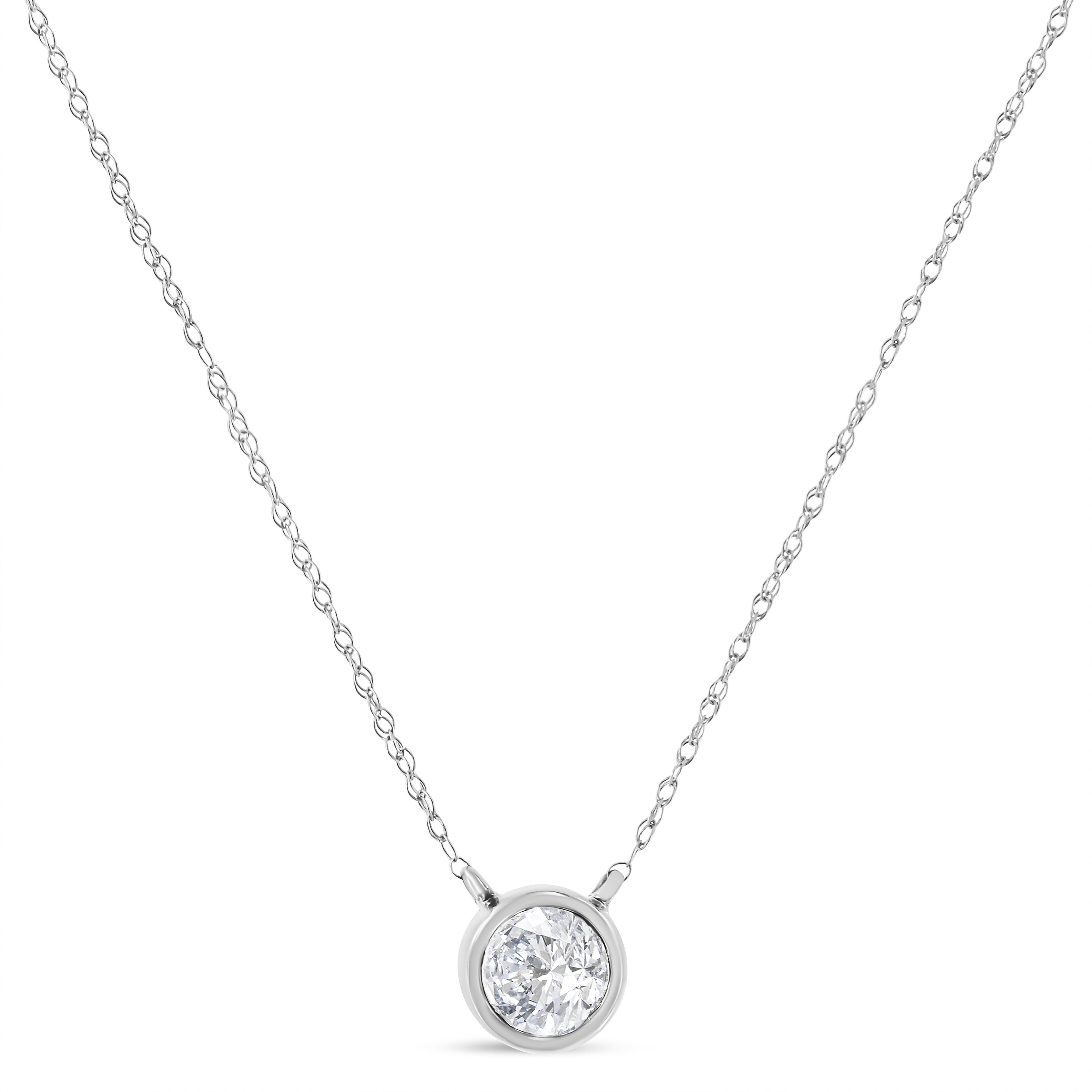 AGS Certified 10K White Gold 1/5 Cttw Bezel Set Round Diamond Solitaire 16-18" Adjustable Pendant Necklace (H-I Color, SI1-SI2 Clarity)