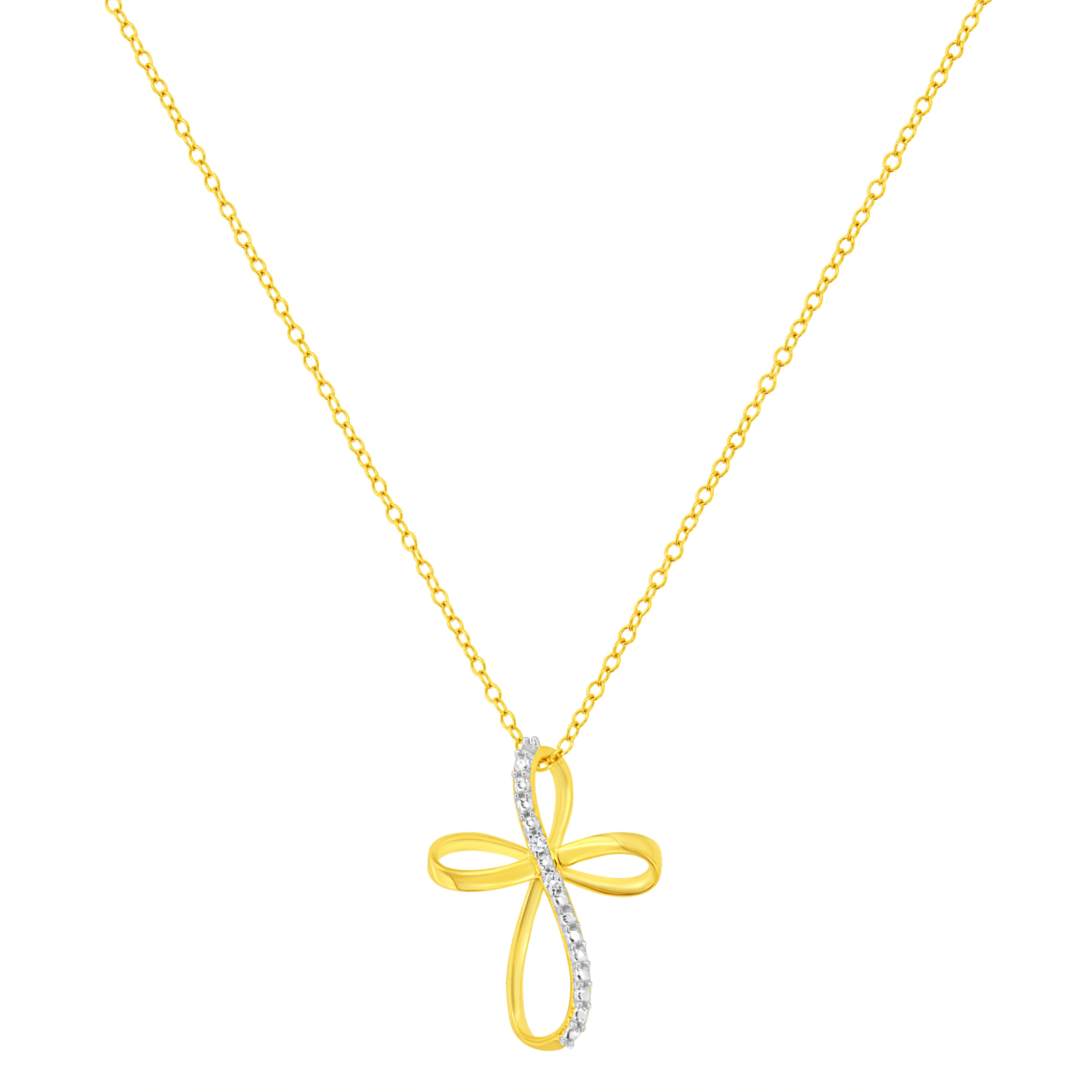 10K Yellow Gold Plated .925 Sterling Silver Diamond Accent Cross Ribbon 18" Pendant Necklace (I-J Color, I2-I3 Clarity)
