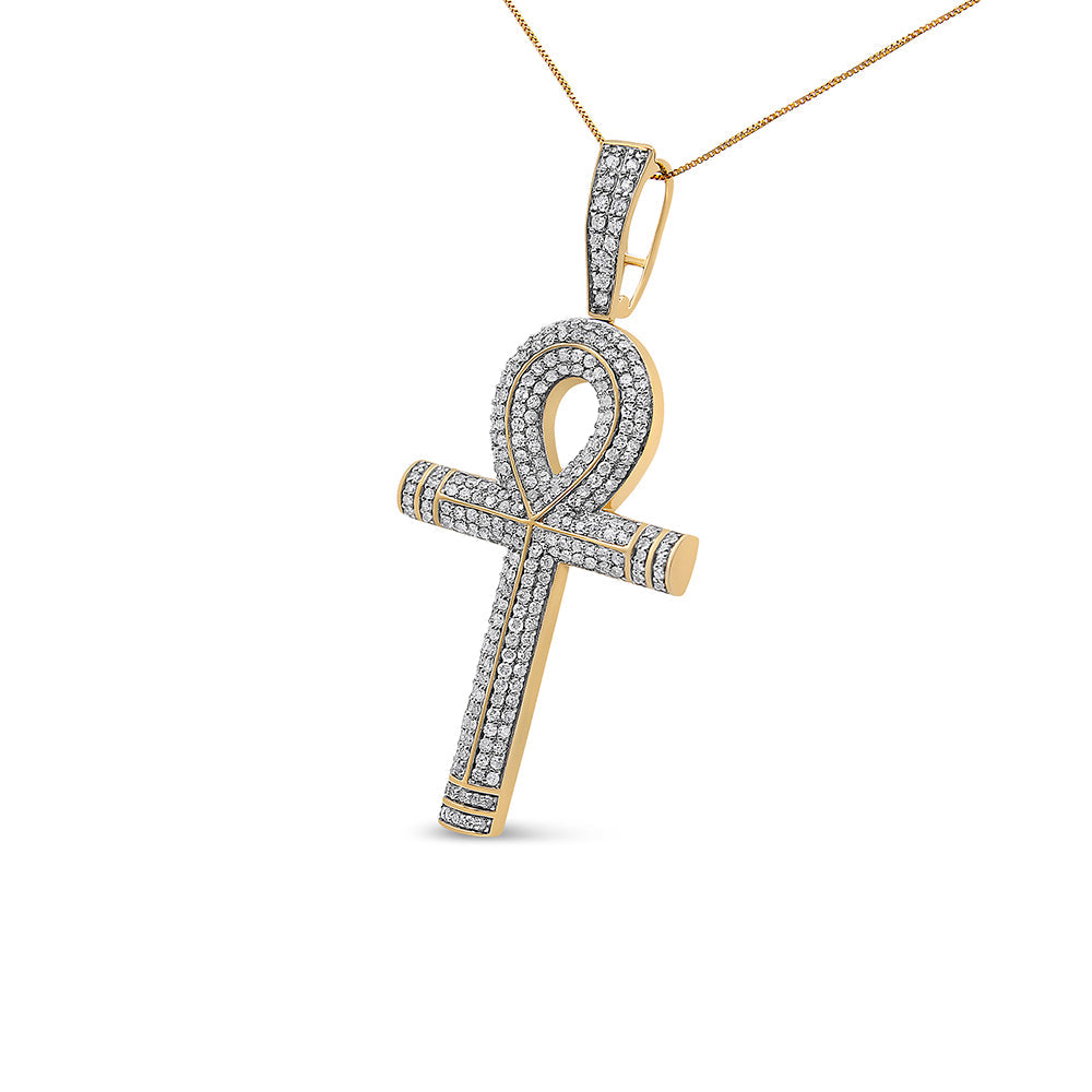 10K Yellow Gold 1 7/8 Cttw Round Diamond Ankh Men's Pendant Necklace