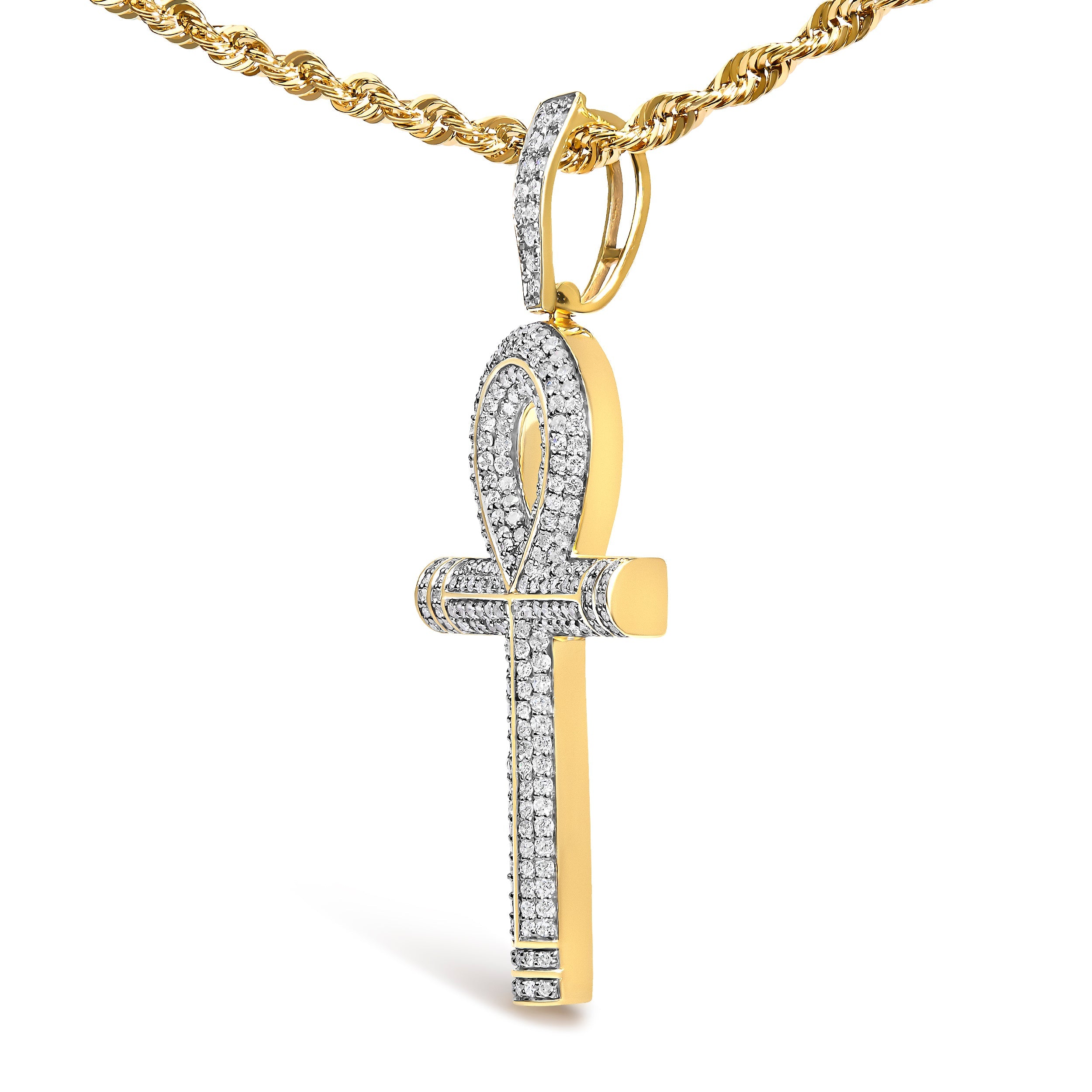 10K Yellow Gold 1 7/8 Cttw Round Diamond Ankh Men's Pendant Necklace