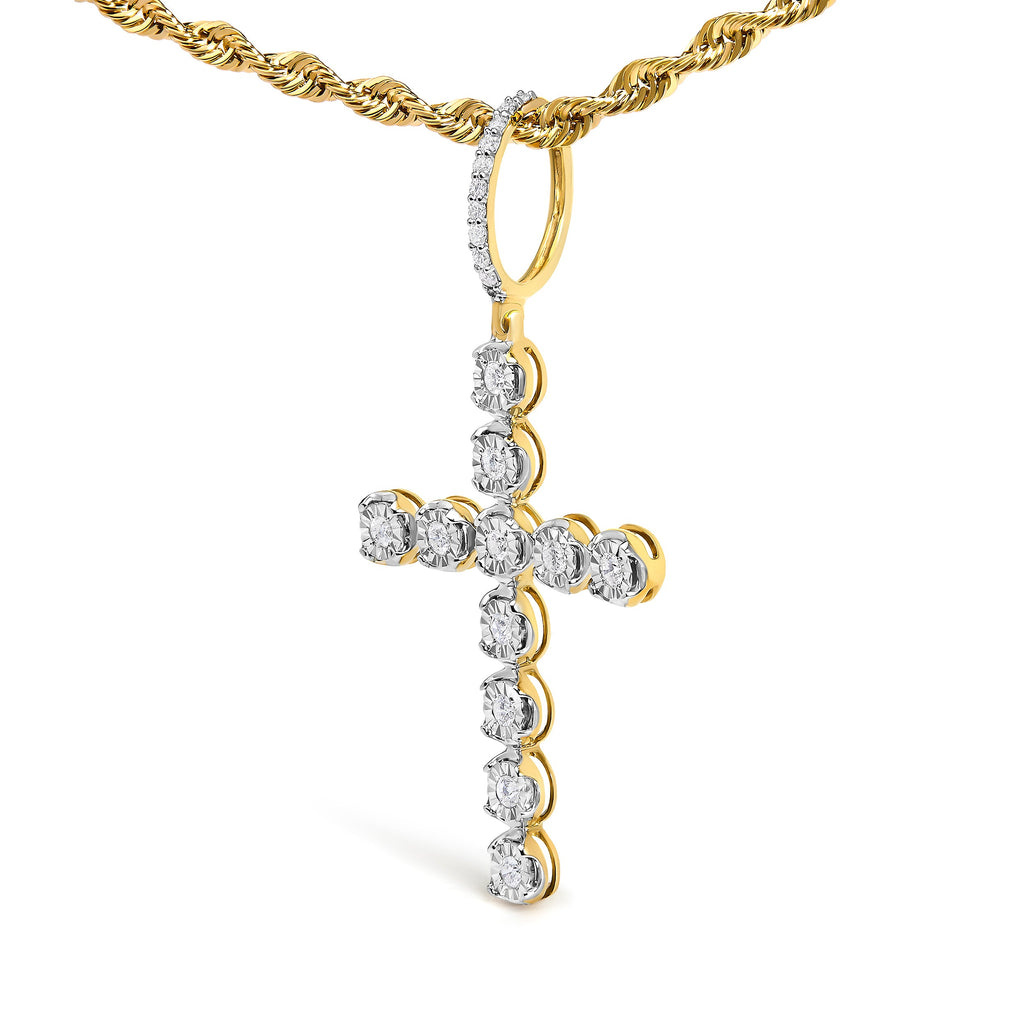 10K Yellow Gold 5/8 Cttw Miracle Set Round Diamond Circle Link Cross Men's Pendant Necklace