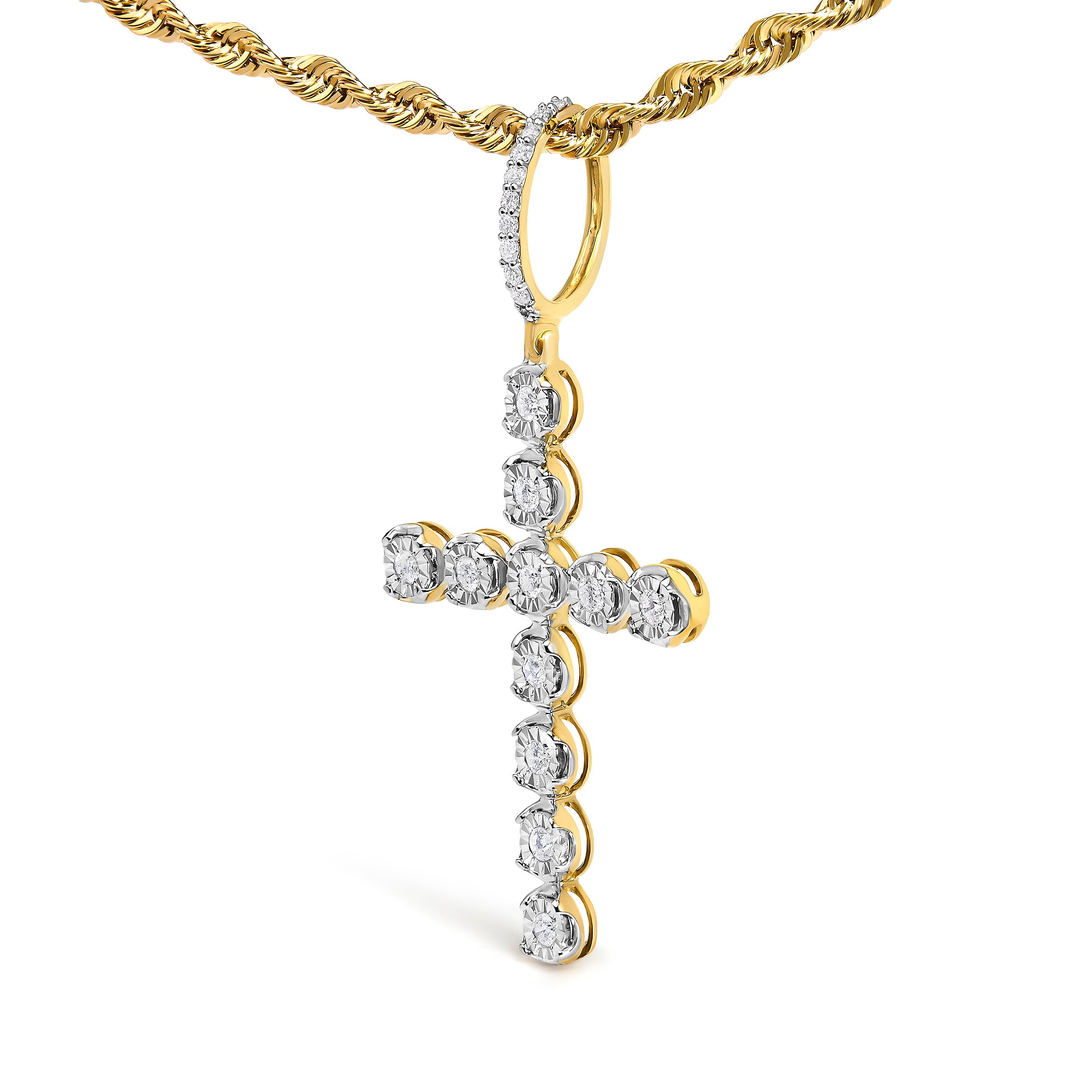 10K Yellow Gold 5/8 Cttw Miracle Set Round Diamond Circle Link Cross Men's Pendant Necklace