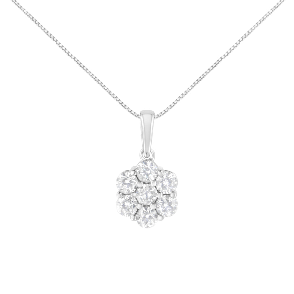 14K White Gold 2.00 Cttw Brilliant Round-Cut Diamond 7 Stone Flower Cluster 18" Pendant Necklace (H-I Color, SI2-I1 Clarity)