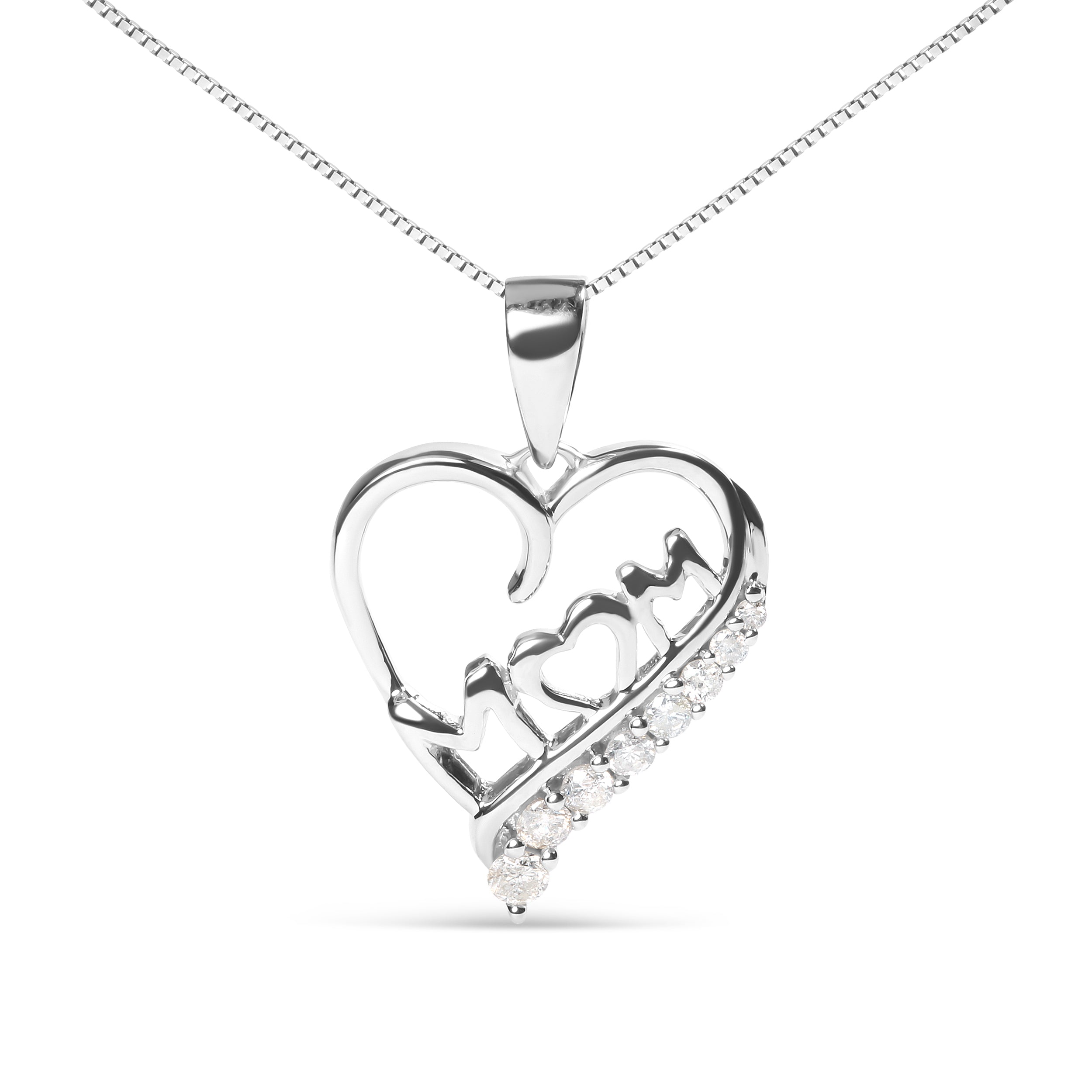 .925 Sterling Silver 1/4 Cttw Diamond  "Mom" and Open Heart 18" Pendant Necklace (I-J Color, I2-I3 Clarity)