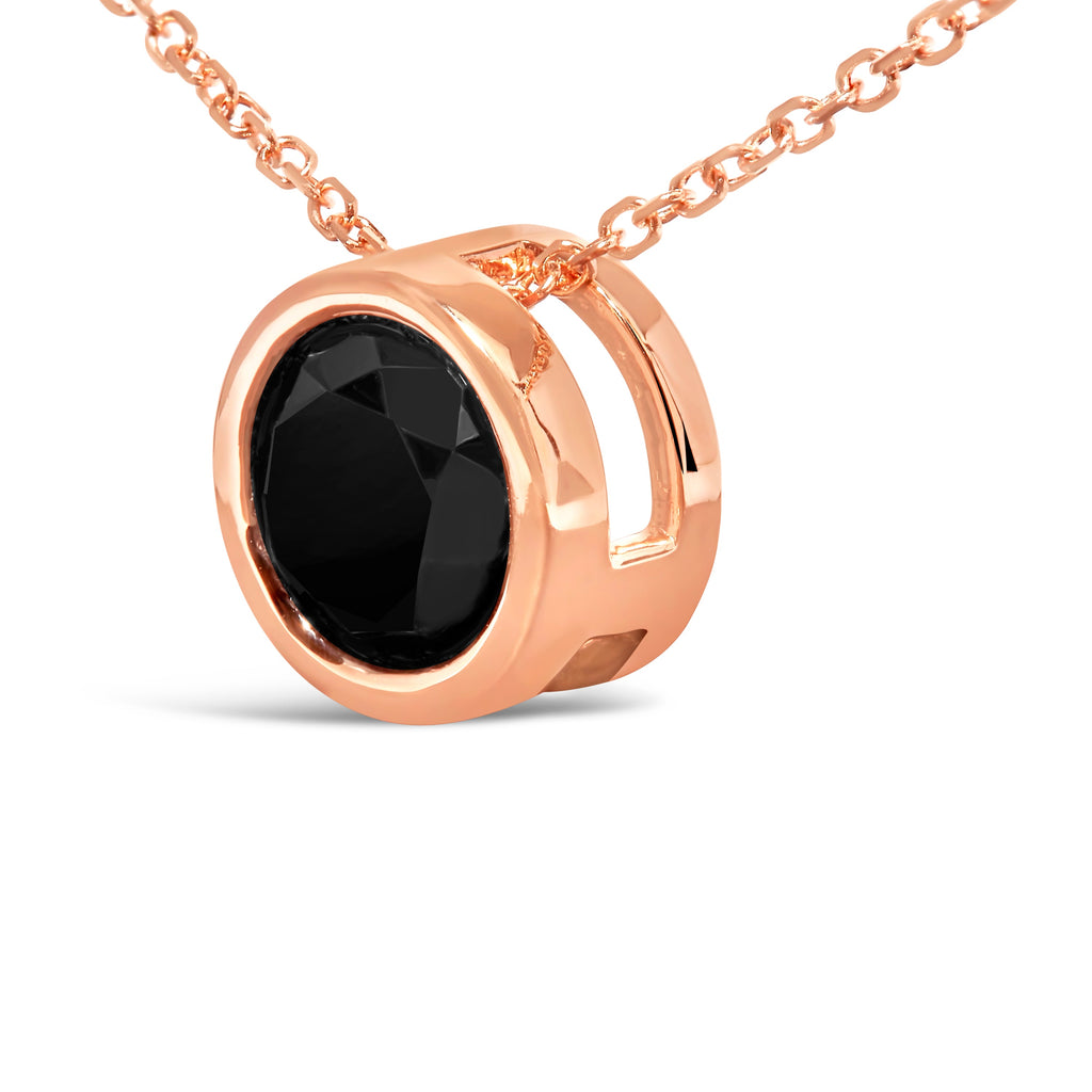 14K Rose Gold 3 1/2 Cttw Bezel-Set Black Round Diamond Solitaire Pendant Necklace (Black Color, I2-I3 Clarity) - 18"
