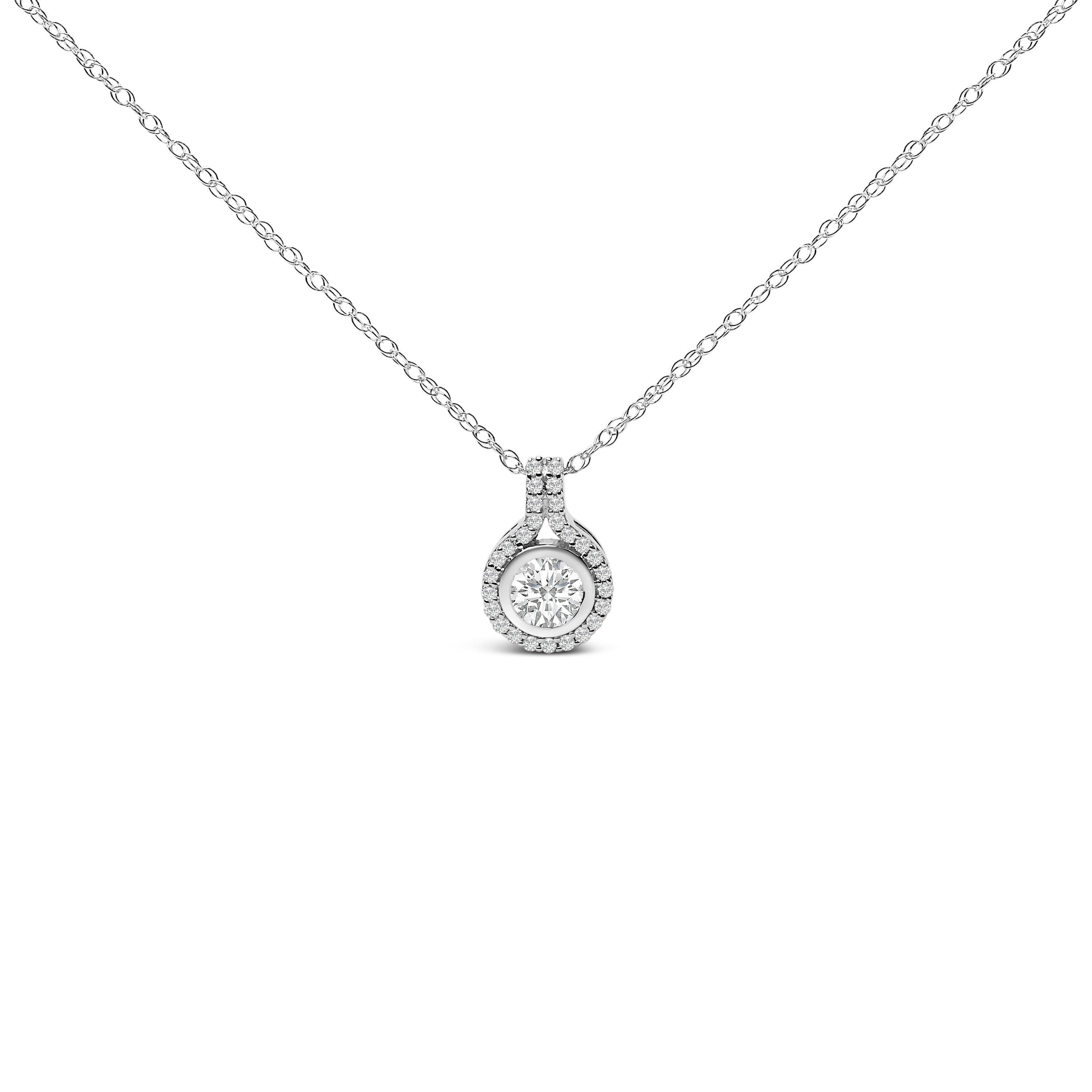 Sterling Silver 3/4 Cttw Lab Grown Diamond Halo Pendant Necklace