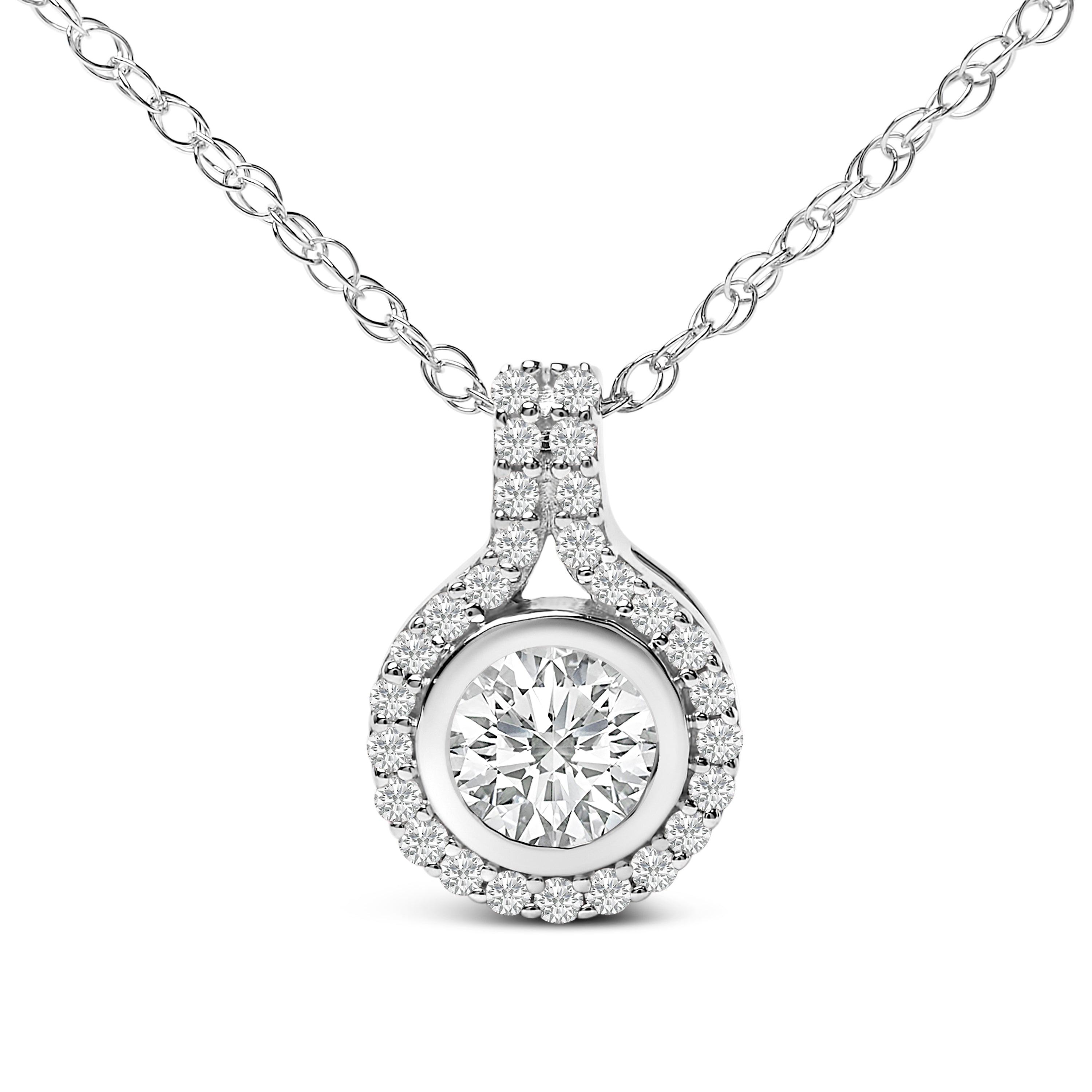 Sterling Silver 3/4 Cttw Lab Grown Diamond Halo Pendant Necklace