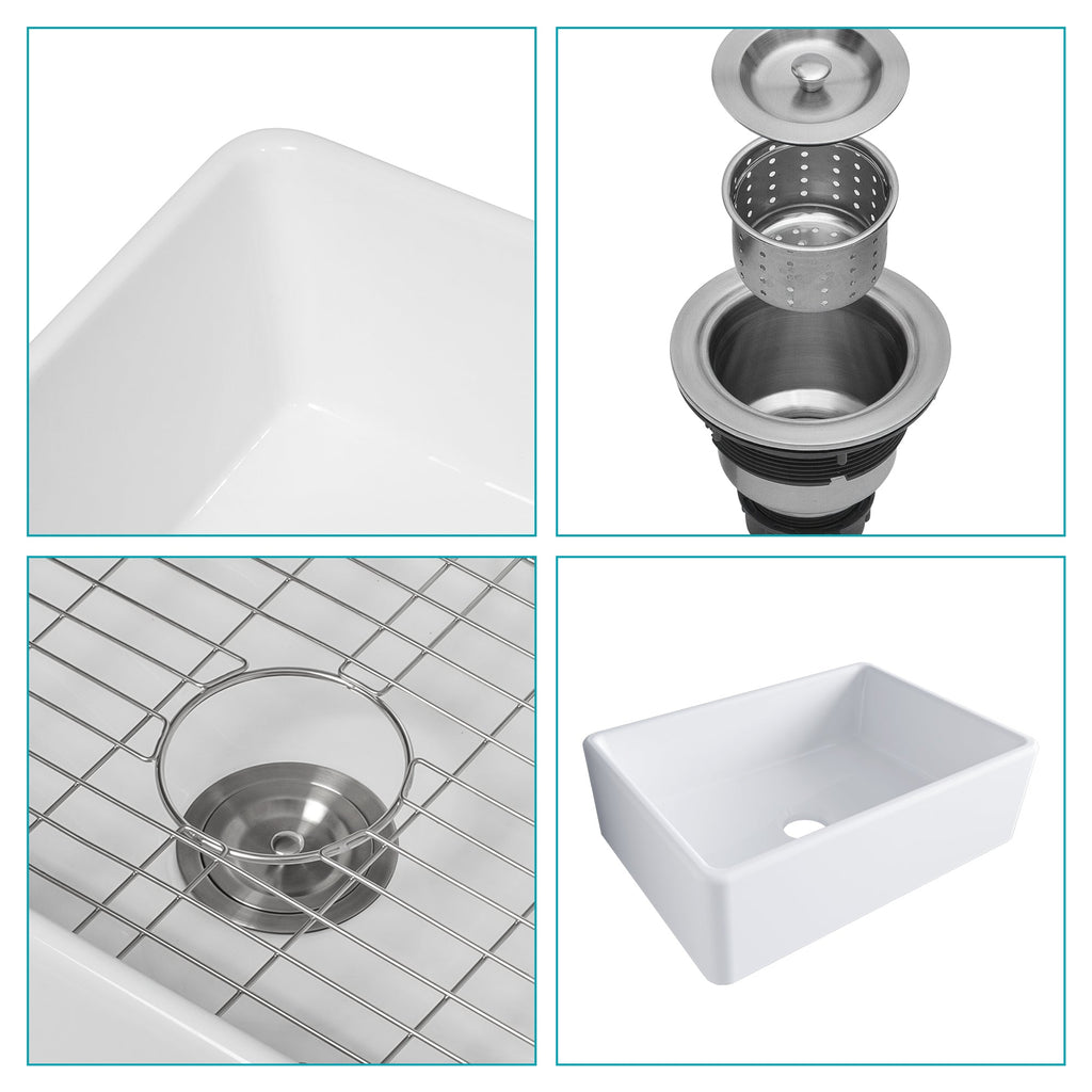 28 Inch White Farmhouse Sink Ceramic Single Bowl with Drain Assembly and Bottom Grid