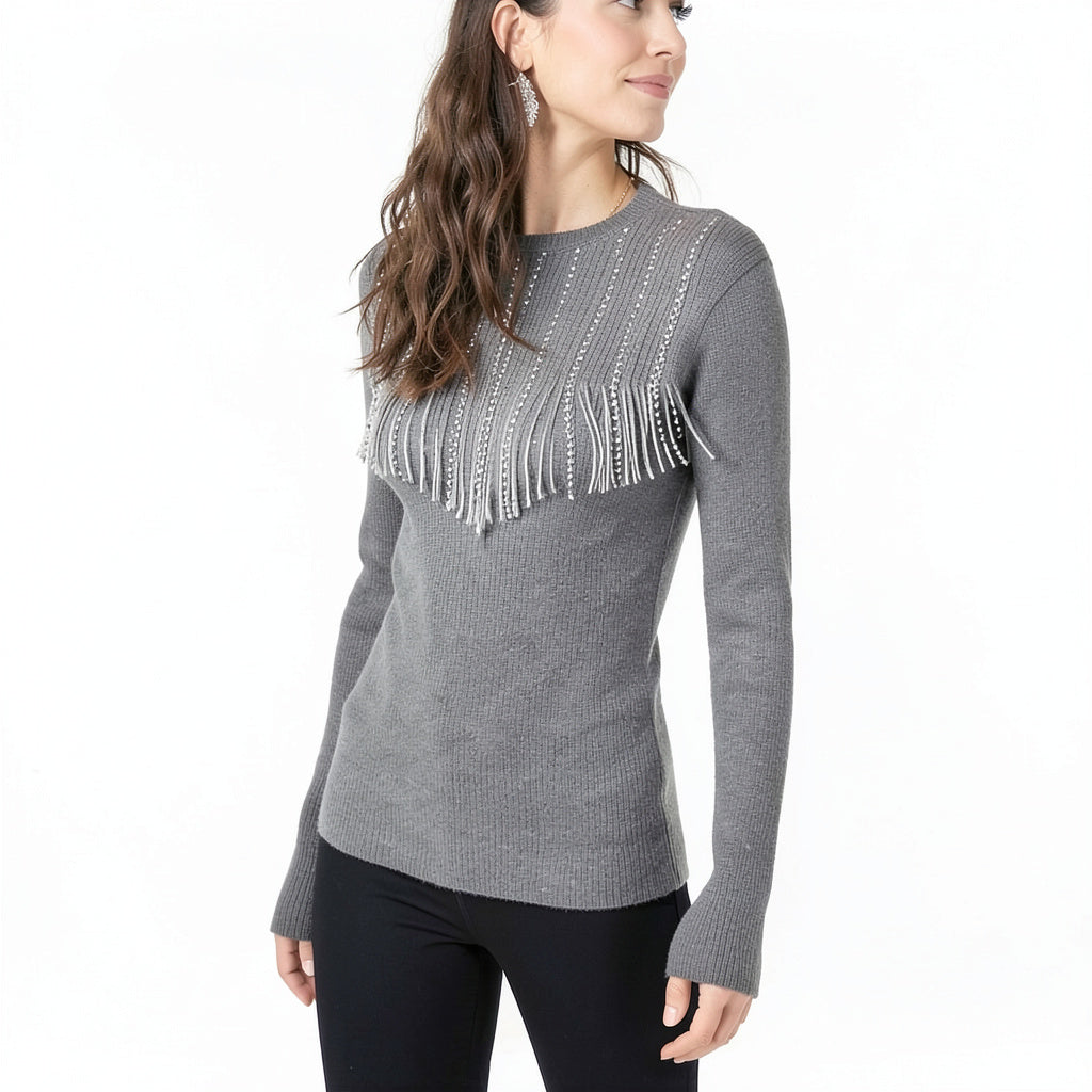 INC International Concepts Embellished Fringe Sweater, Gray,  Size XL