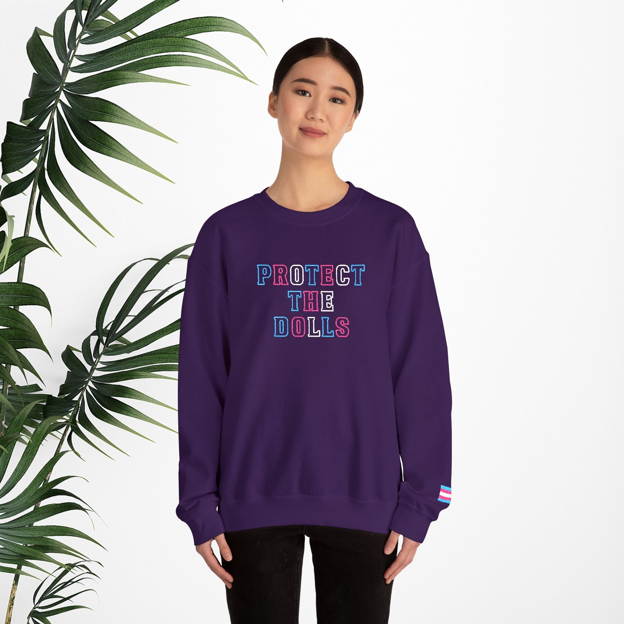 Bespattered Facade Protect the Dolls LGBTQ+ Pride Trans Support Embroidered Crewneck Sweatshirt