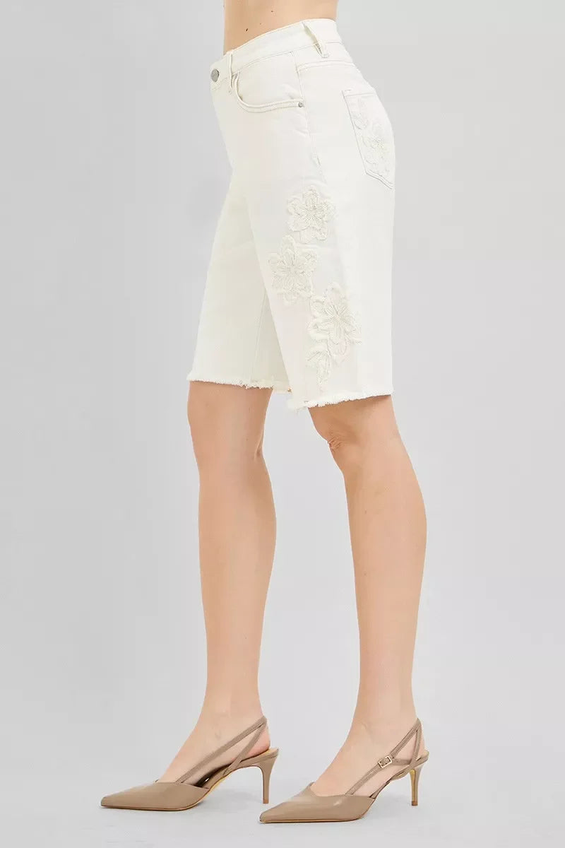 RISEN Slouchy Relaxed Floral Embroidered Bermuda Denim Shorts
