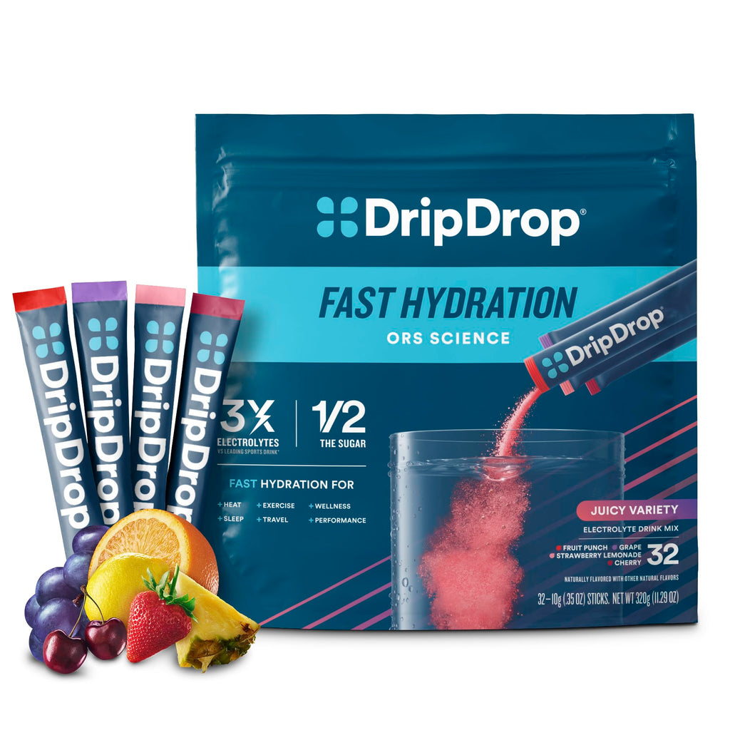 DripDrop Hydration Juicy Variety Pack Electrolyte Drink Mix Single-Serve Powder Packets- Grape Fruit Punch Strawberry Lemonade Cherry - 32 Servings