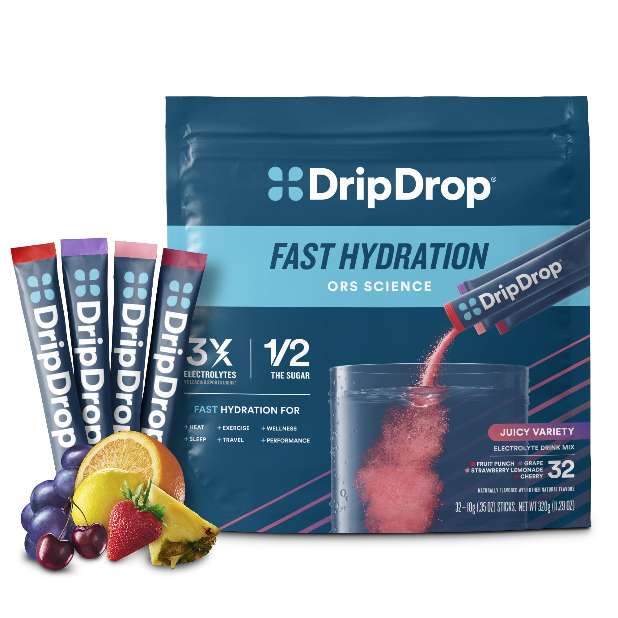 DripDrop Hydration Juicy Variety Pack Electrolyte Drink Mix Single-Serve Powder Packets- Grape Fruit Punch Strawberry Lemonade Cherry - 32 Servings