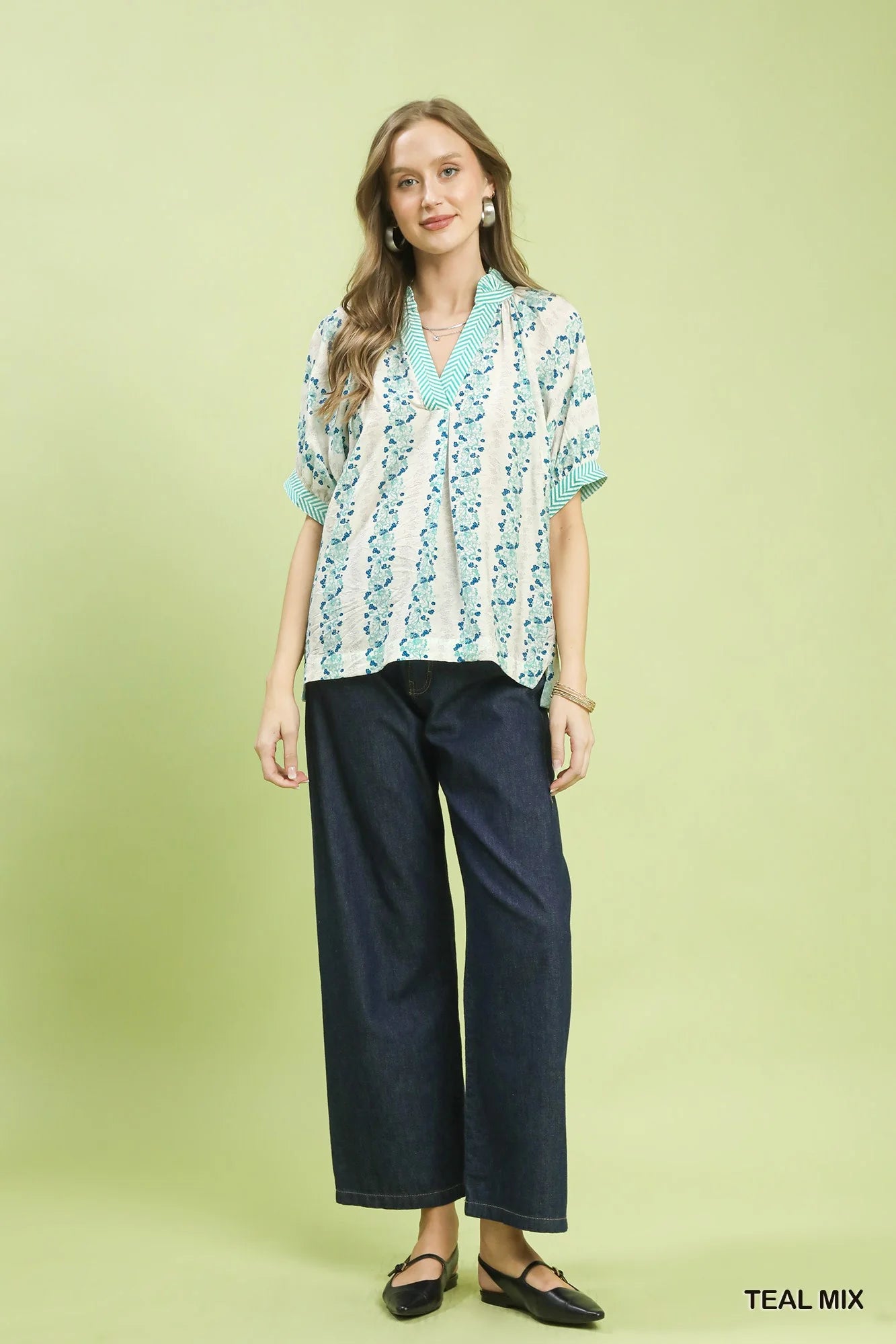 Umgee Mix Print Boho Blouse with Contrast Trim