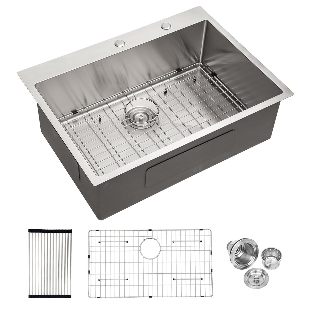 Modern Brushed Nickel 30 x 22 Inch Kitchen Sink Drop-In 16 Gauge Stainless Steel Single Bowl Topmount Basin