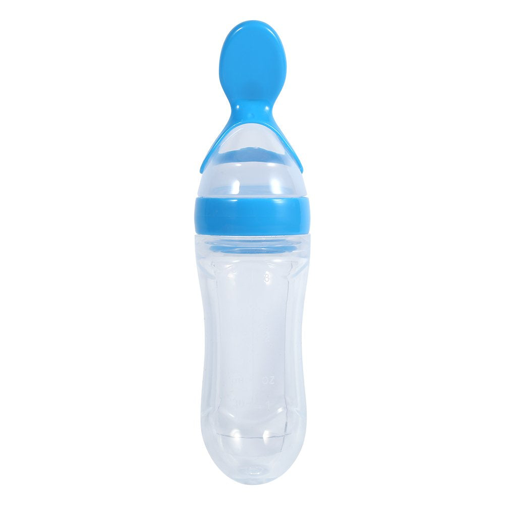 Baby Food FeederBaby Food Squeeze Dispensing Spoon Feeder Silicone Toddler Baby Feeding Spoon Fresh Food Cereal Squeeze Feeder Hot with SpoonSilicone Baby Feeding Supplies(Blue)
