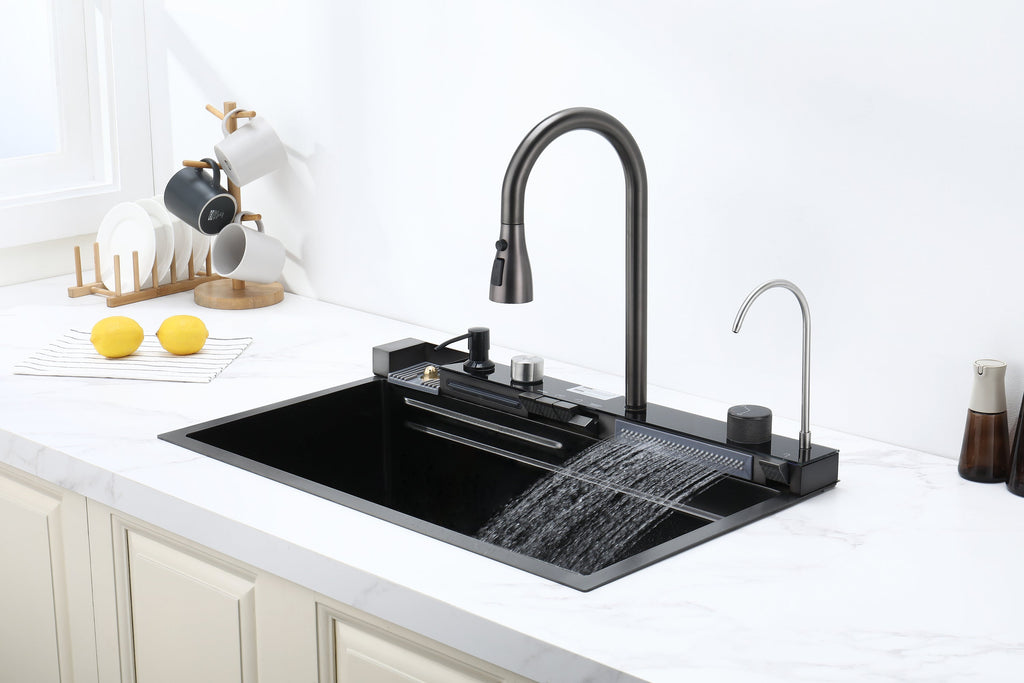 Pull-out Facuet Single Bowl Sink Kitchen Vegetable Sink 304 Whale Waterfall Sink Stainless Steel Dish Sink Vegetable Sink Household Vegetable Washing Basin