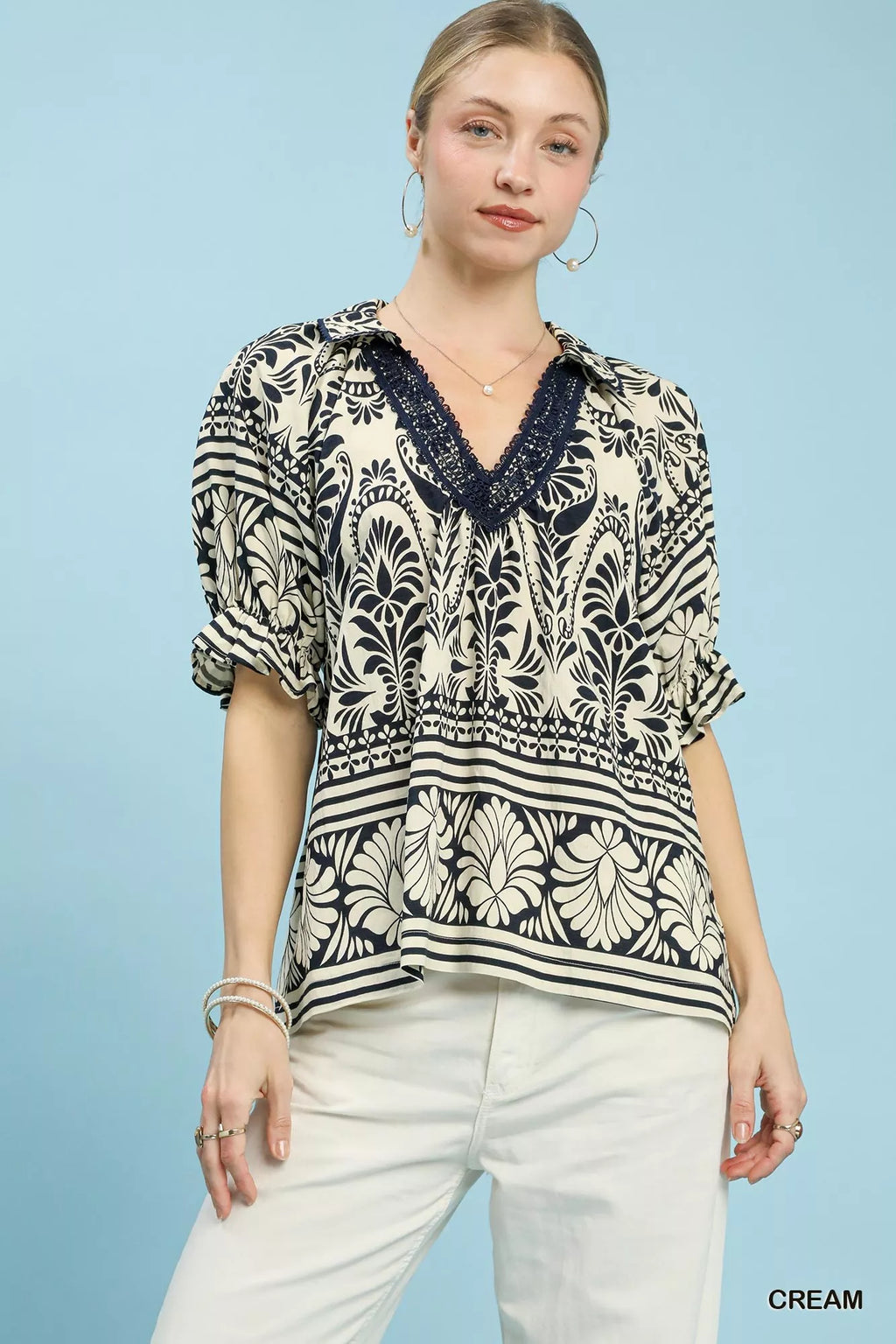 Umgee Two Tone Boarder Print Top
