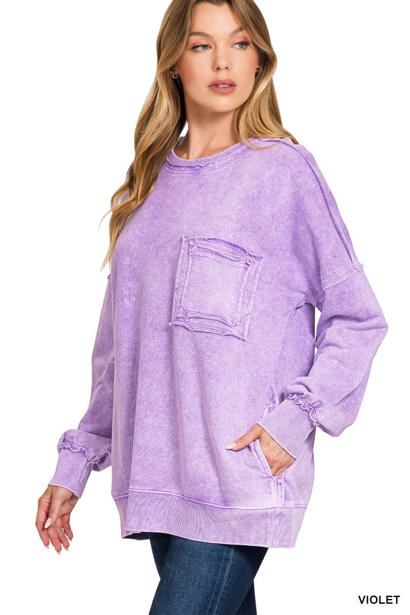 Zenana Halo Washed French Terry Exposed-seam Sweatshirt