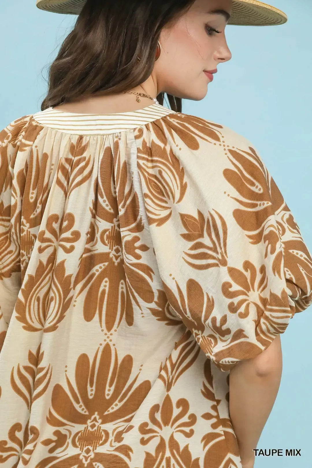 Umgee Mix Printed Puff Sleeve Top with Contrast Trim