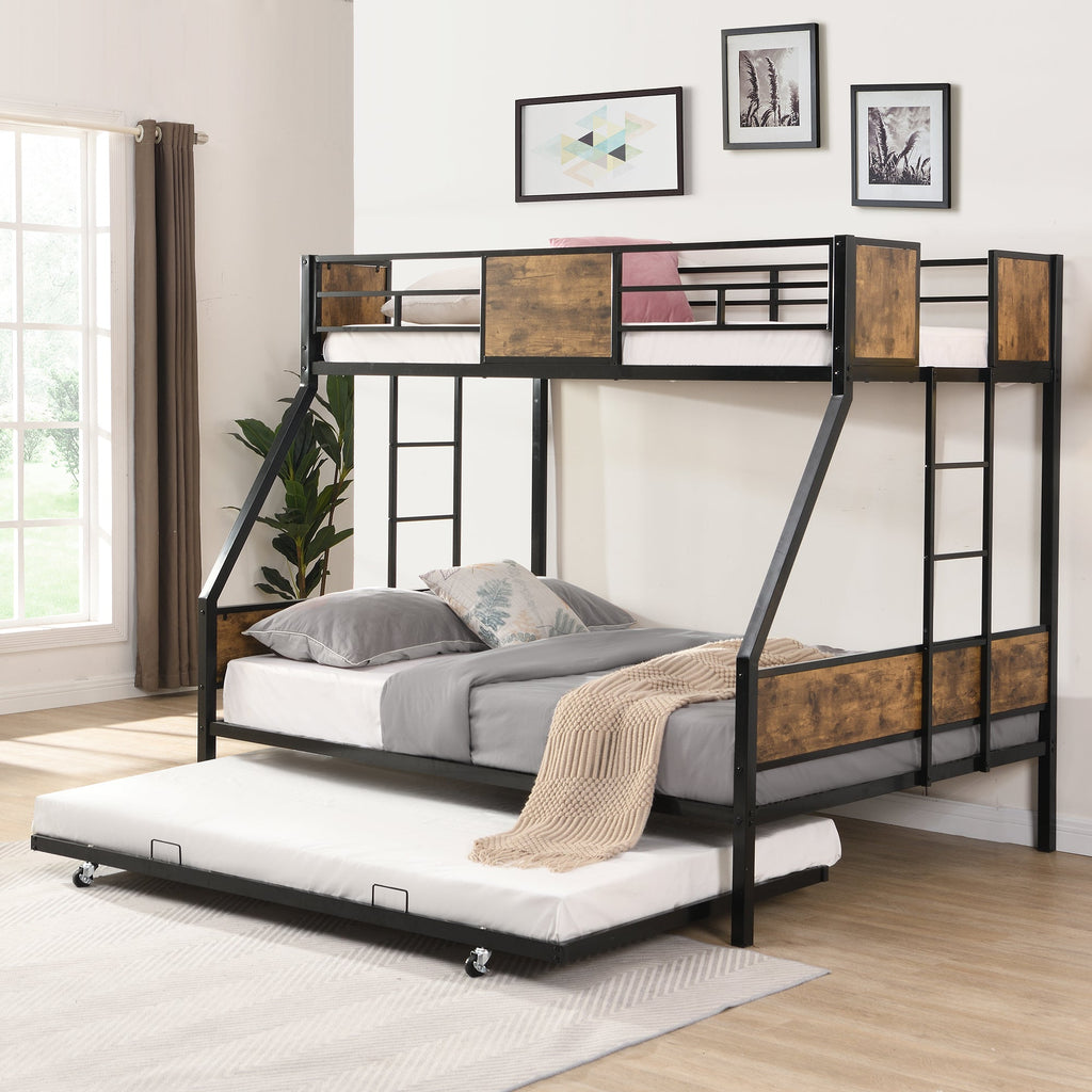 Modern Twin Over Full Metal Bunk Bed with Trundle and Dual Side Ladder, Black & Brown MDF and Metal Design, Easy Assembly