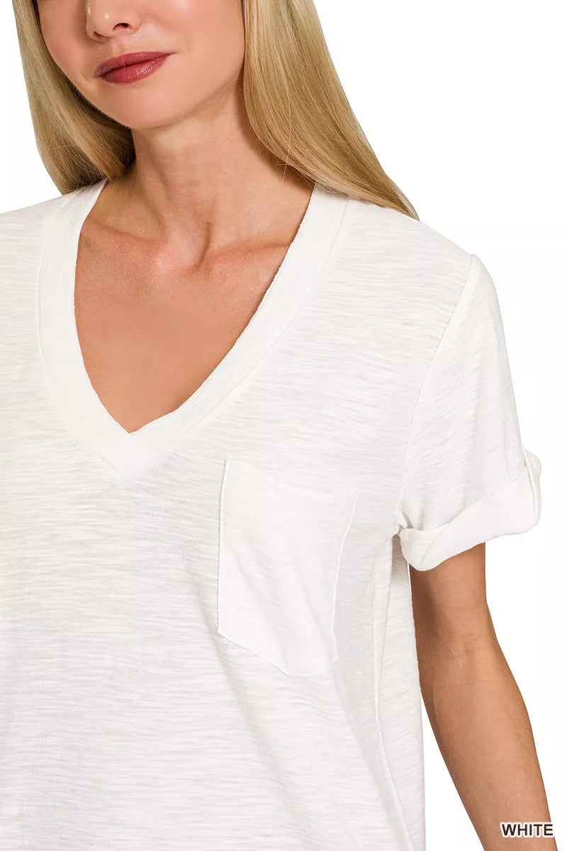 Zenana Slub Rolled Short Sleeve V-Neck Tee