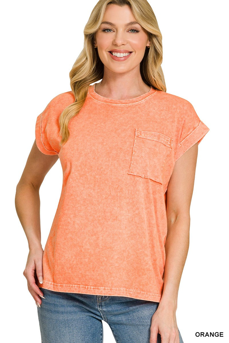 Zenana Halo Snow Washed Cuffed Short Sleeve Tee
