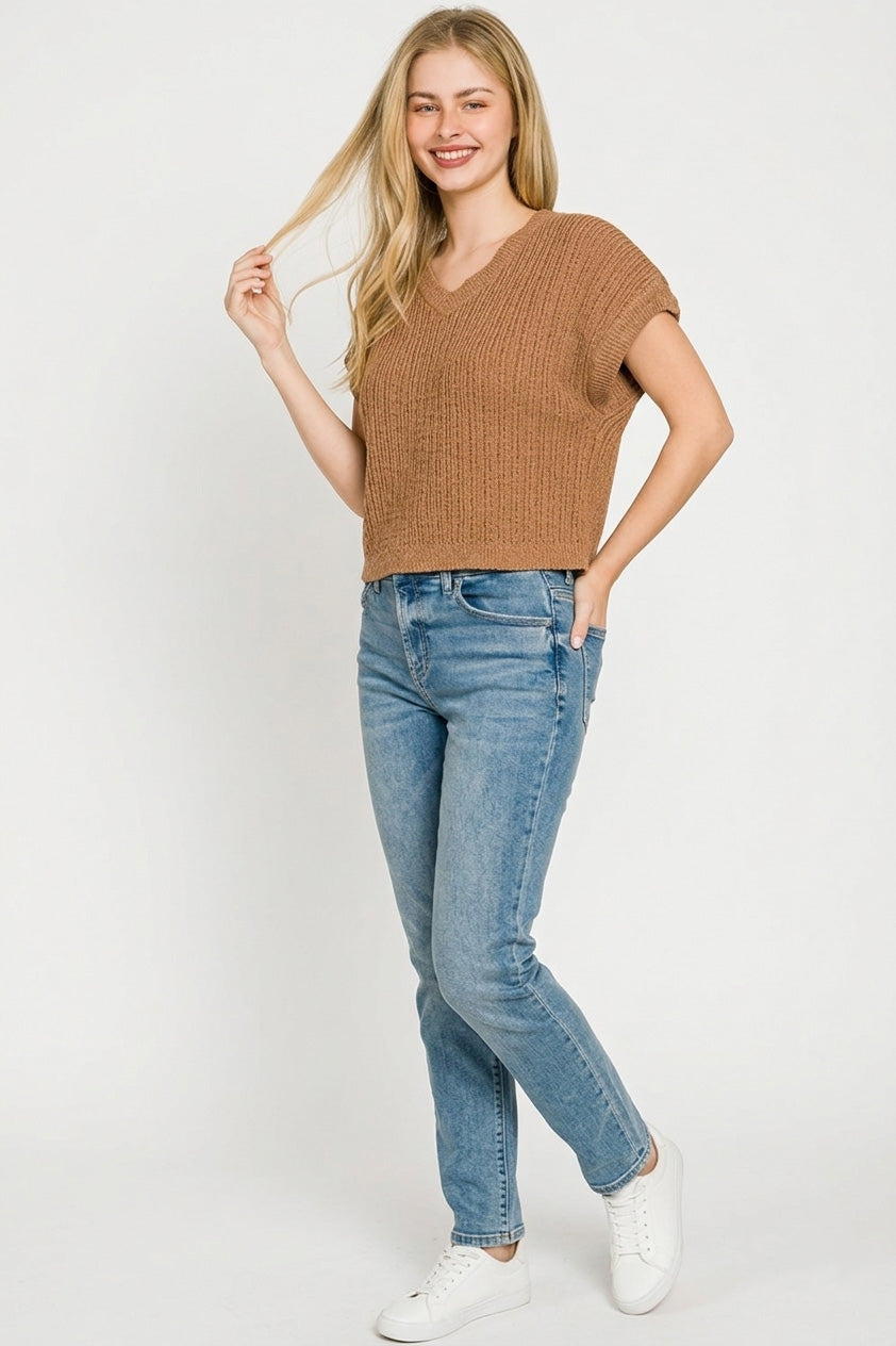 Zenana Textured Knit V-Neck Cropped Sweater