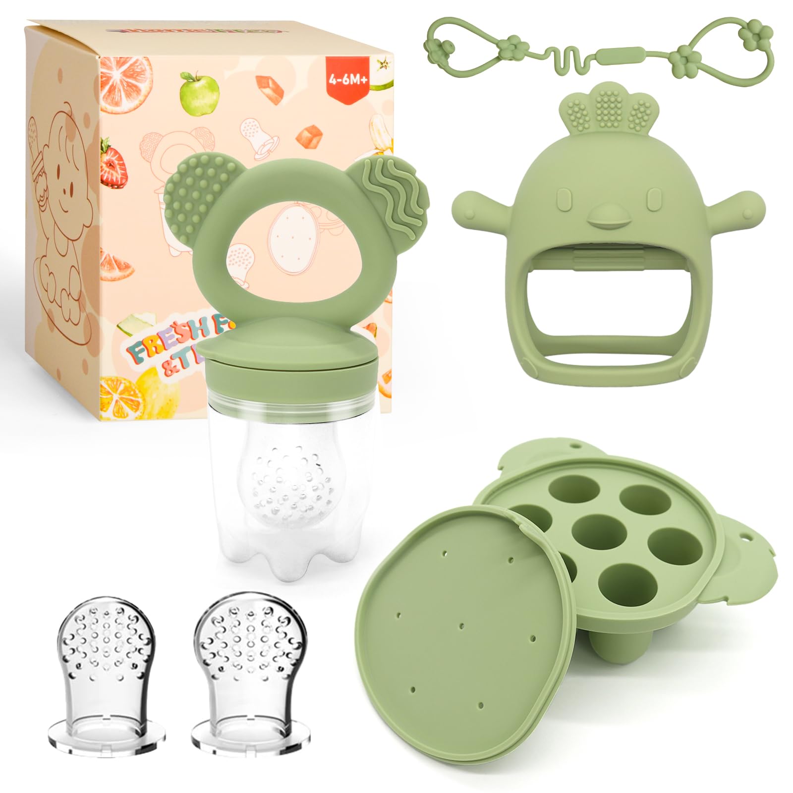 Baby Teething Relief Toys Baby Fruit/Fresh Food Feeder with Breastmilk Popsicle Molds & Baby Teether Combo Food Grade Silicon for 6M+ Breastmilk Pops Frozen Fruit(Green)
