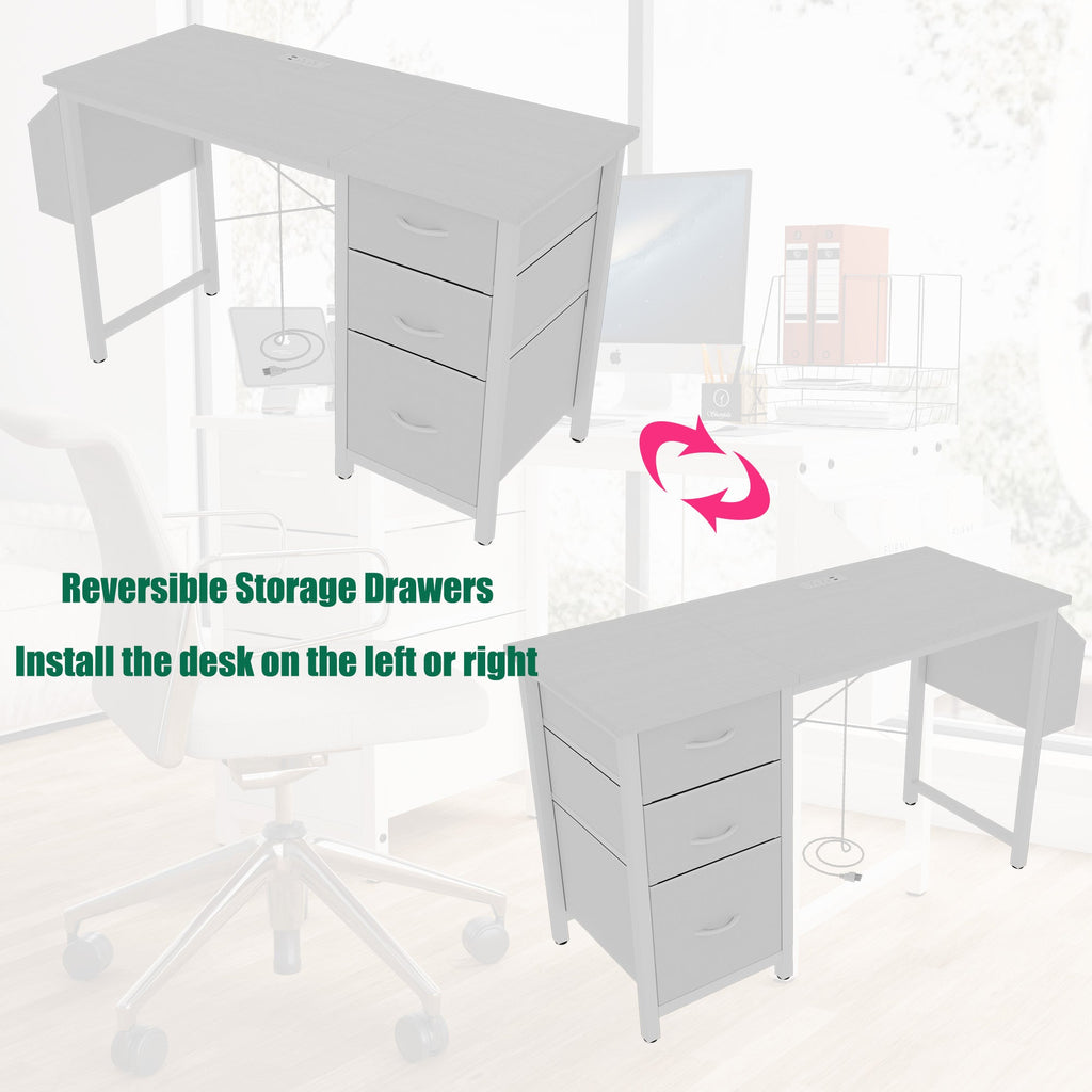 47.3'office desk with power outlet,3 drawers,Side Pocket, Study Desk Easy to Assemble,Frame stability Reversible for home desk, company computer desk, game table,Vanity table, white