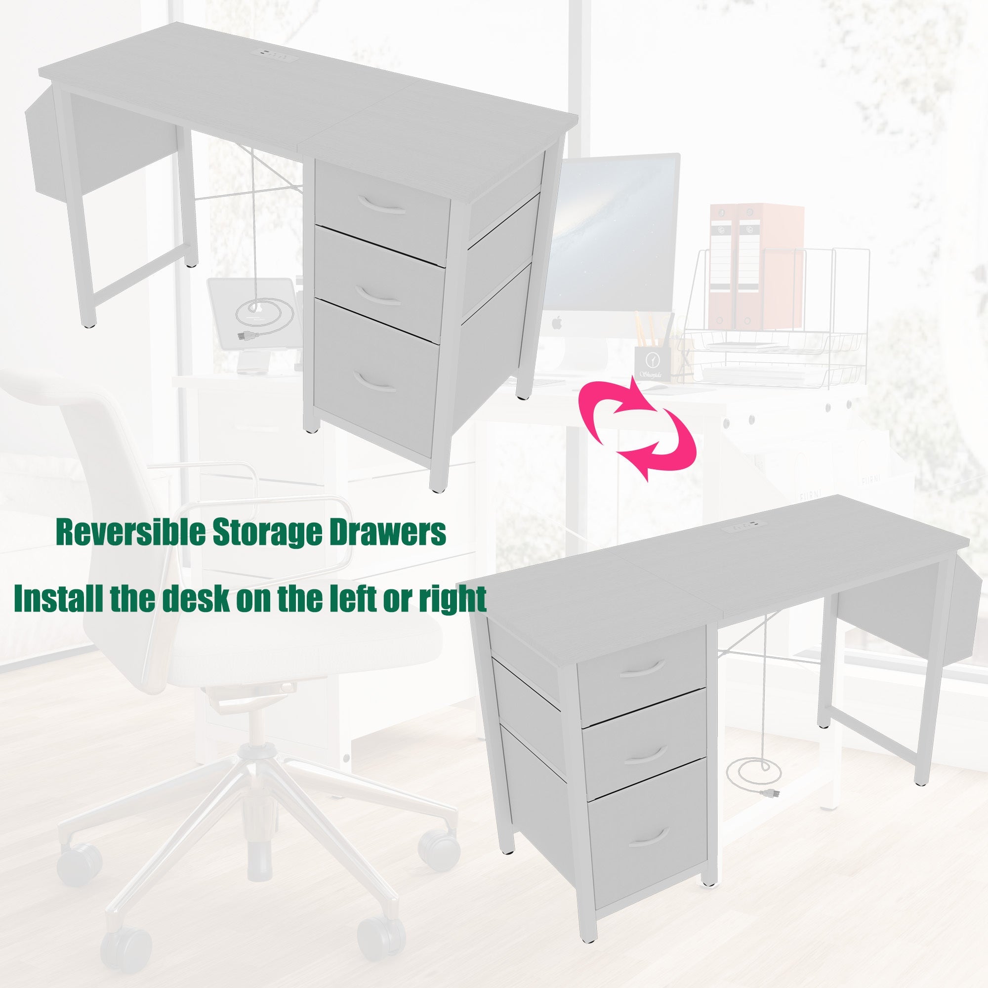47.3'office desk with power outlet,3 drawers,Side Pocket, Study Desk Easy to Assemble,Frame stability Reversible for home desk, company computer desk, game table,Vanity table, white