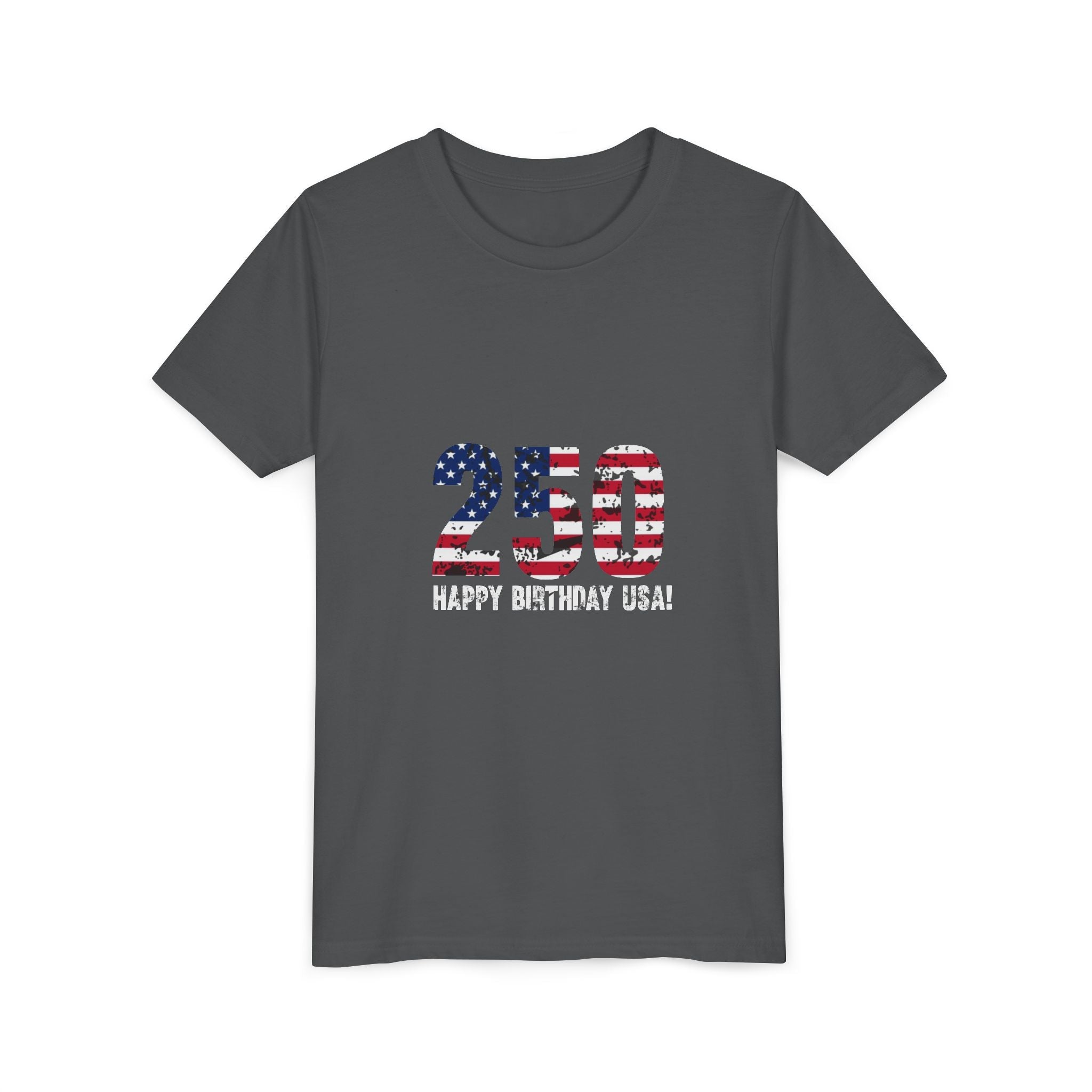 Youth Tee — "250 Happy Birthday USA!" Patriotic American Flag Kids Shirt