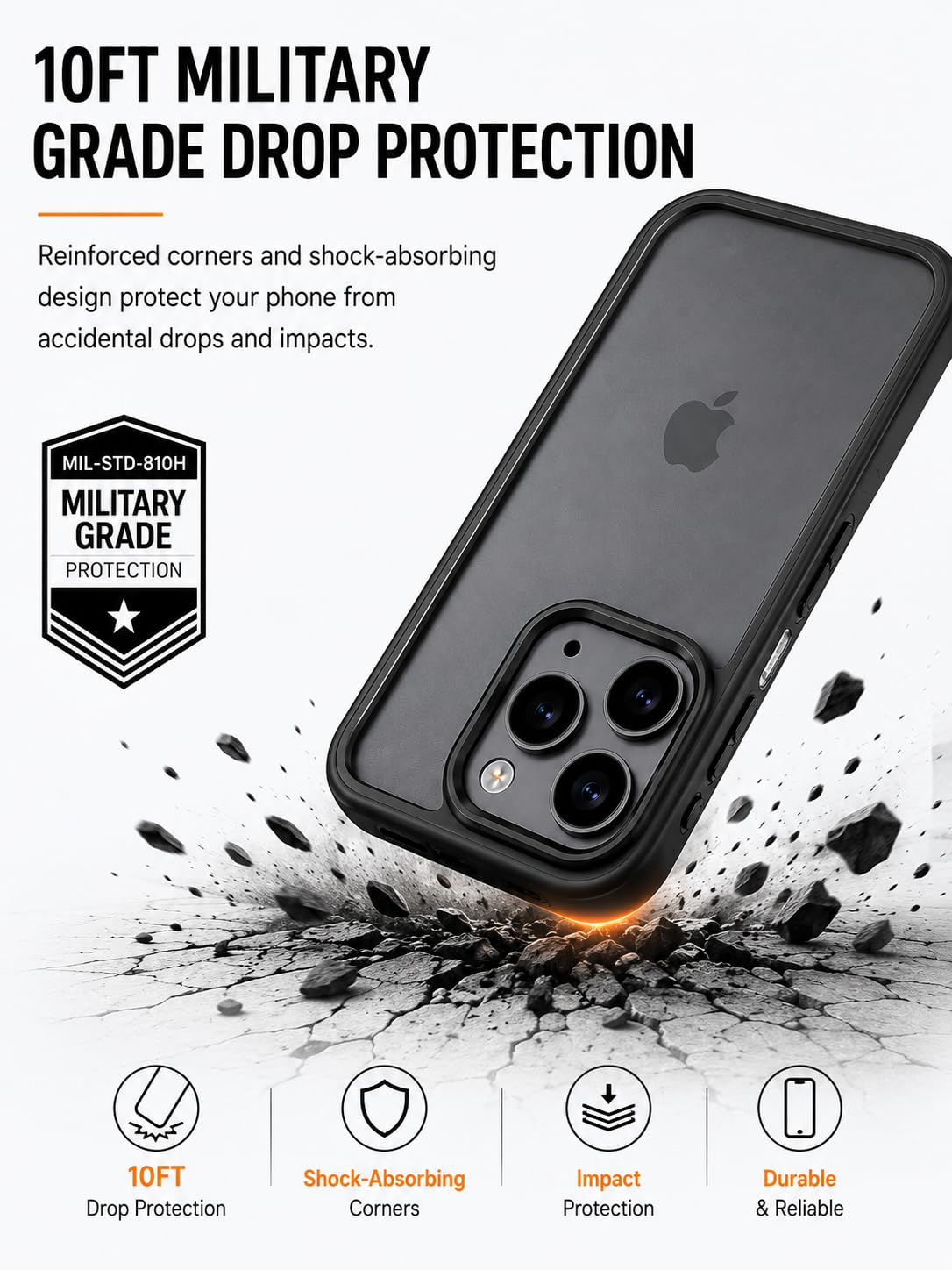 Translucent Matte Case for iPhone 17 Pro, Slim Shockproof Cover, 10FT Military Grade Drop Protection, Anti-Scratch Bumper, Black