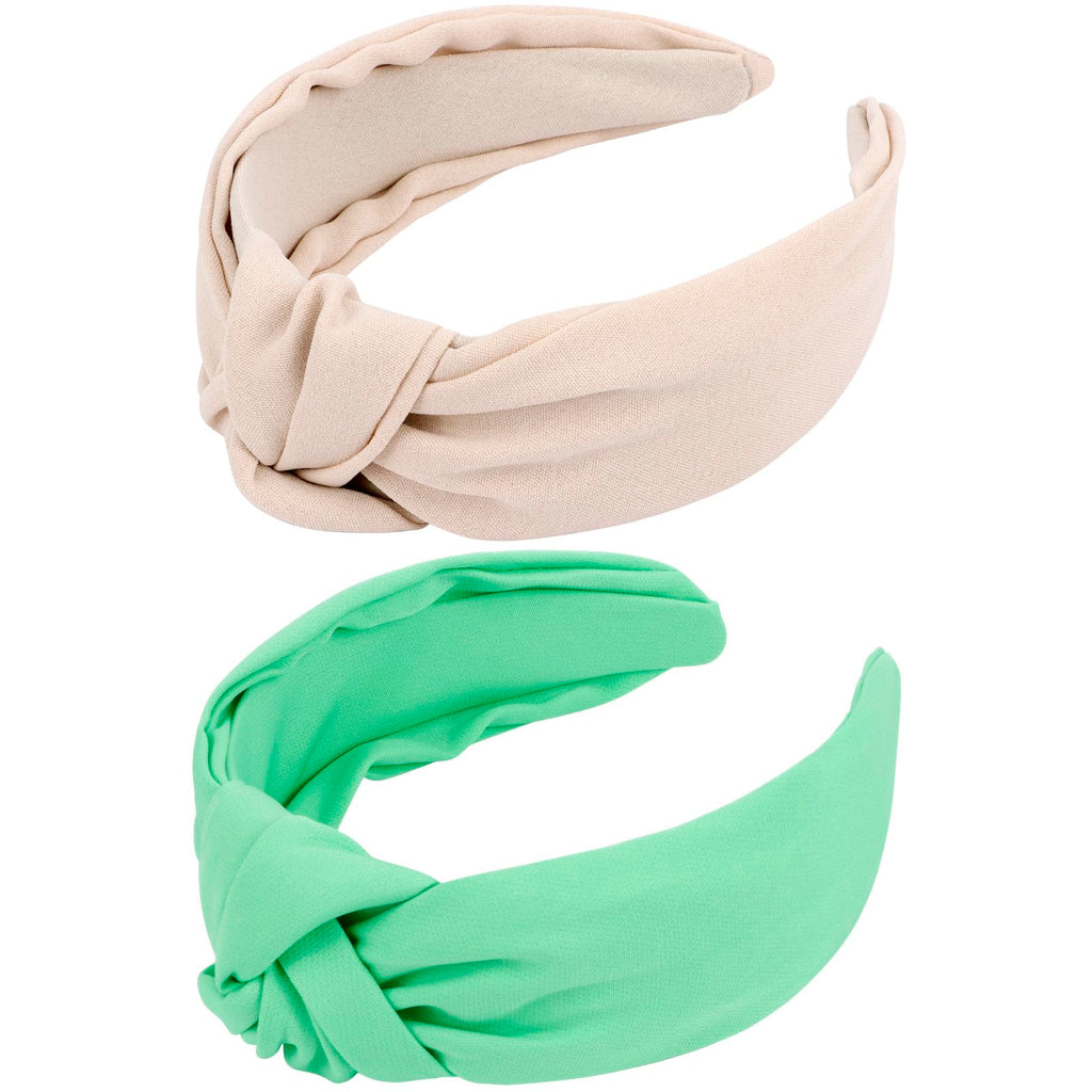 VELSCRUN Green Beige Wide Knotted Headbands for Women Girls Hair 2 Pack Satin Solid Simple Women Fashion Headband Non Slip Head Bands Elastic Hair Band Womens Sisters Hair Accessories