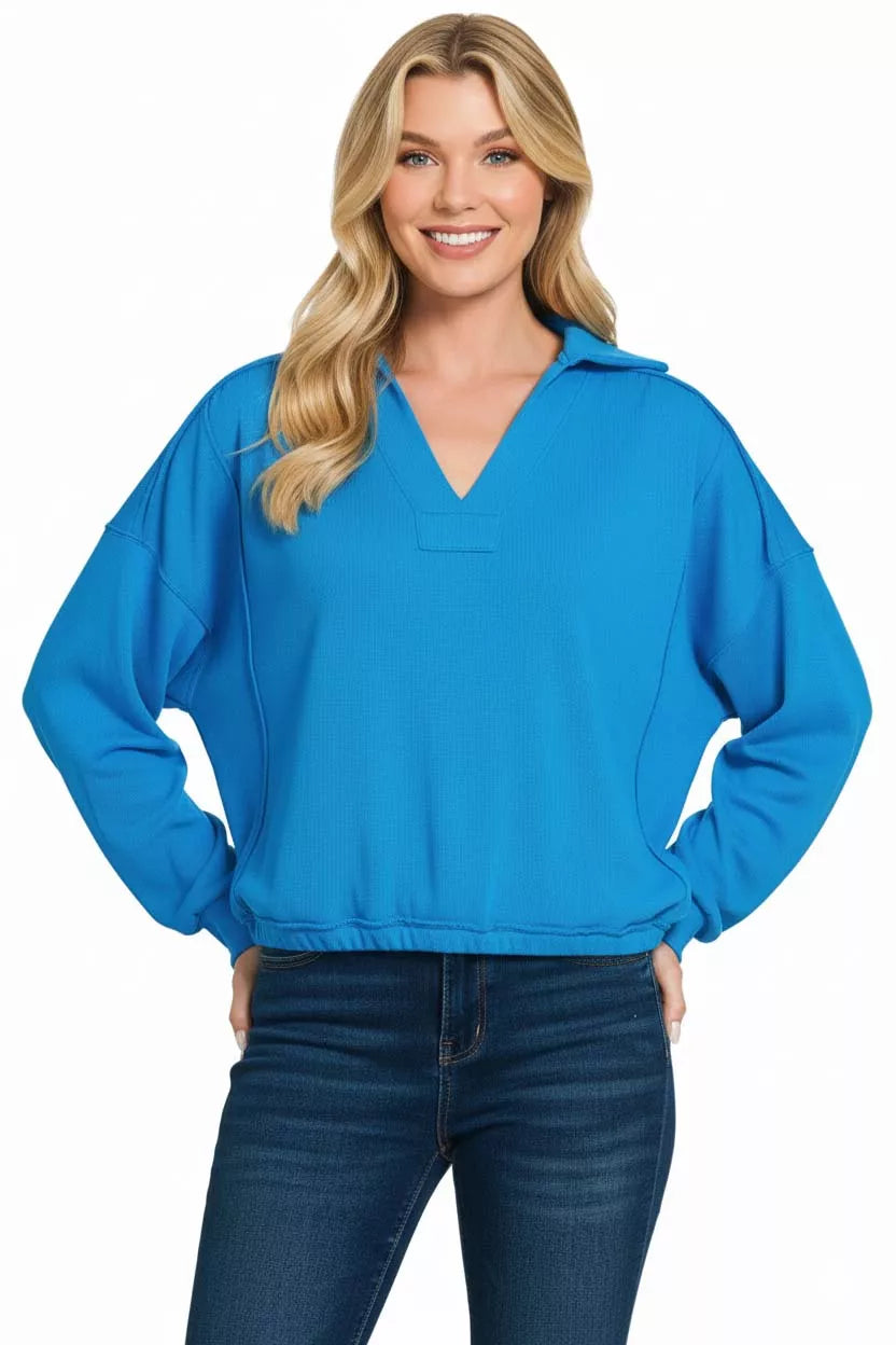 Zenana French Terry Collared Exposed Seam Sweatshirt