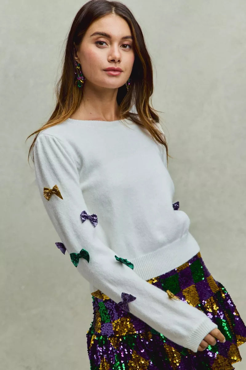SO ME Mardi Gras Glitter Bow Ribbon Sweater Knit Top