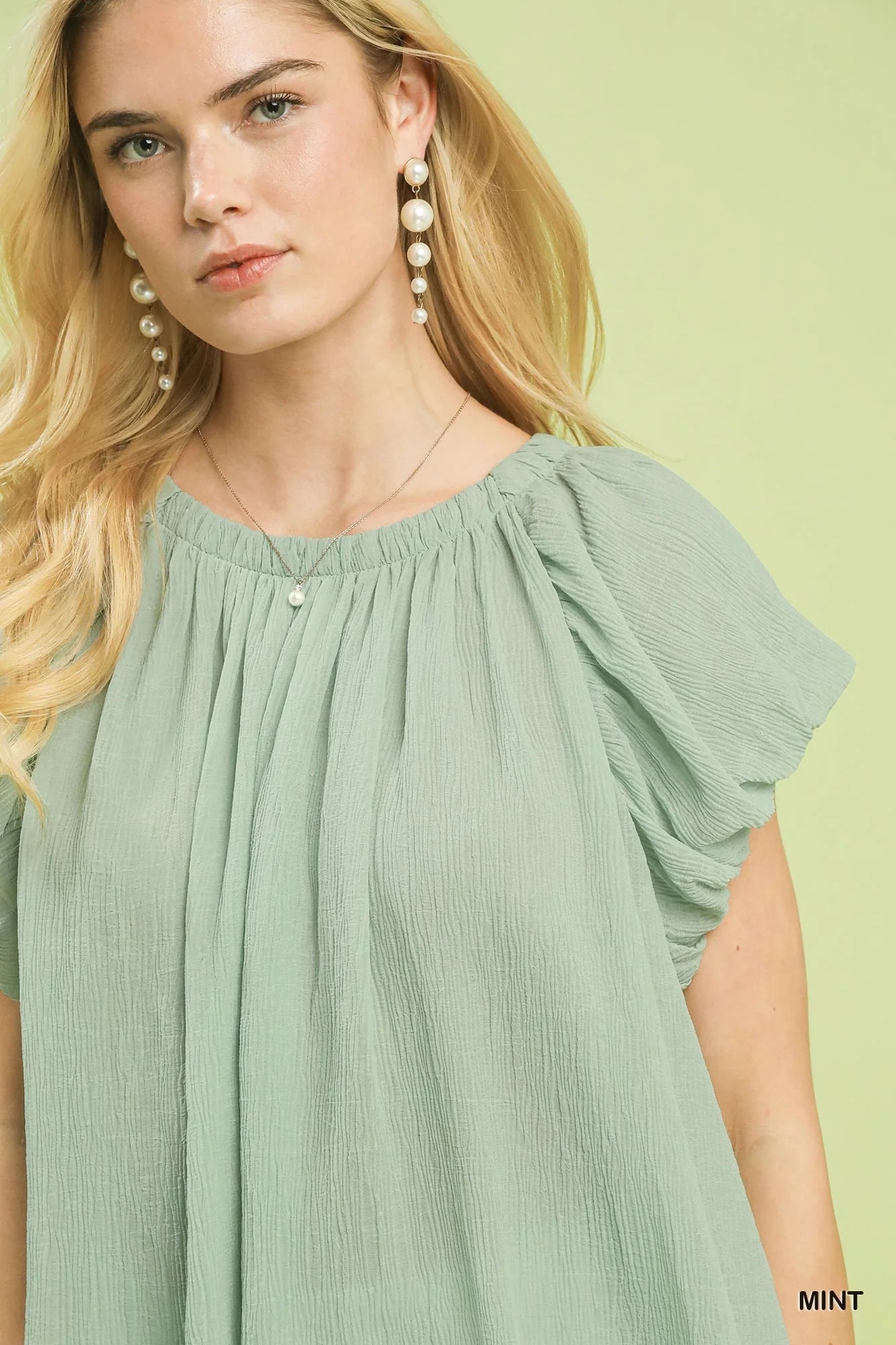 Umgee Crinkle Flutter Sleeve Peasant Top