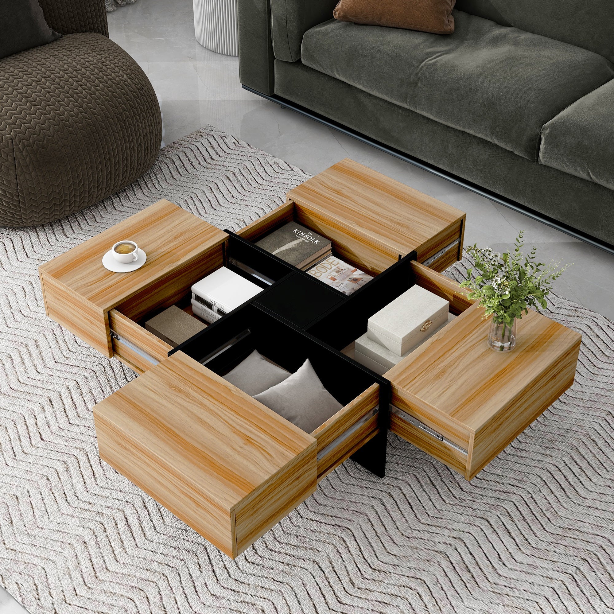 Hearth & Haven Wallace Coffee Table with 4 Hidden Storage Compartments, Brown