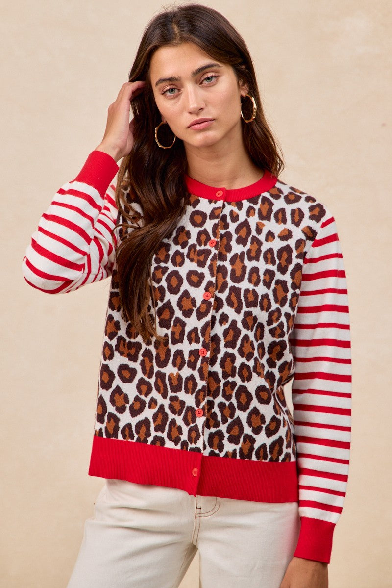 BiBi Leopard With Stripe Combo Buttoned Cardigan