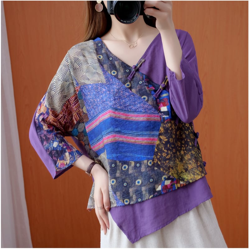 Retro Printed Diagonal Ramie Buttoned Shirt for Women