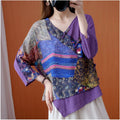 Retro Printed Diagonal Ramie Buttoned Shirt for Women