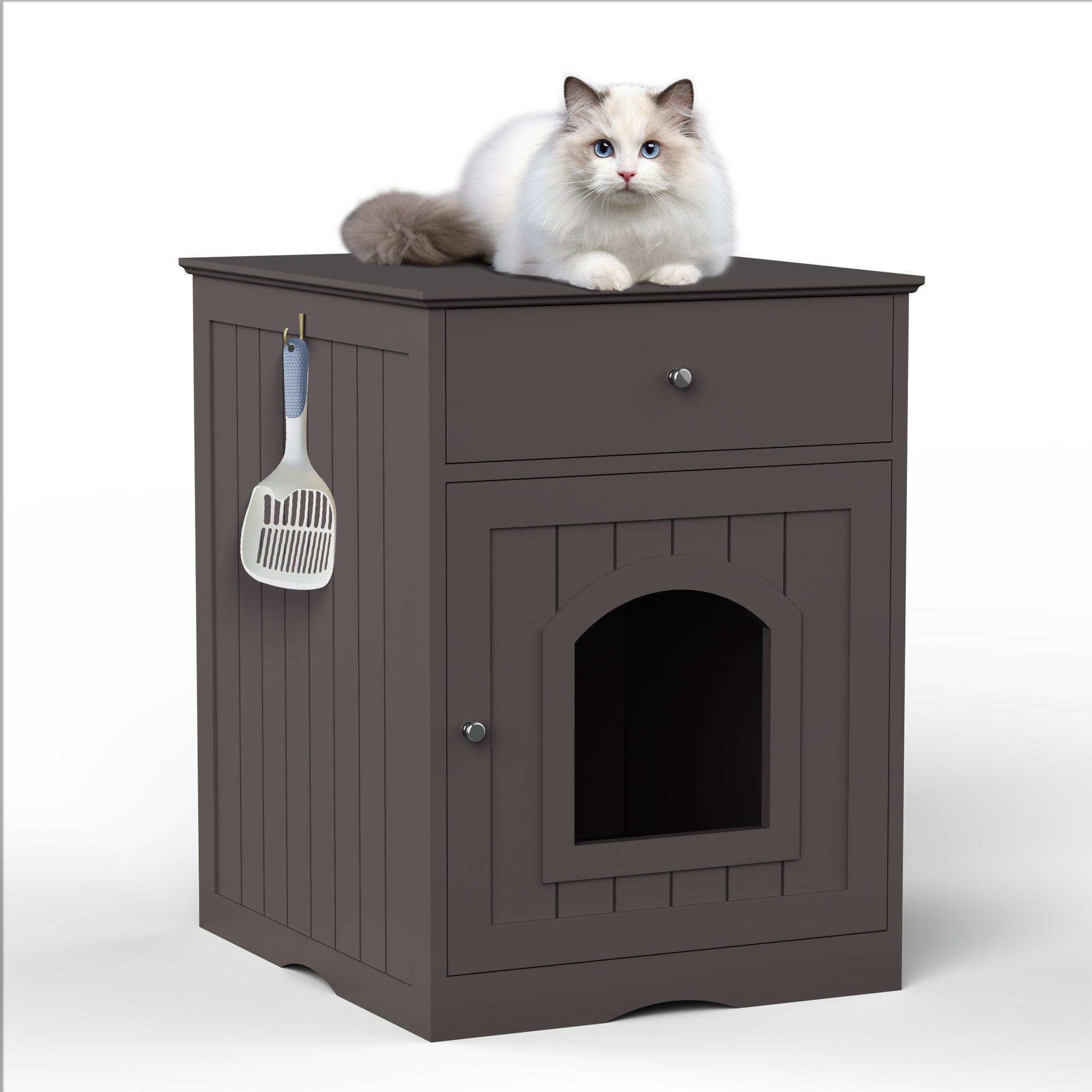 Brown Wooden Pet House Cat Litter Box Enclosure with Drawer, Side Table, Indoor Pet Crate, Cat Home Nightstand