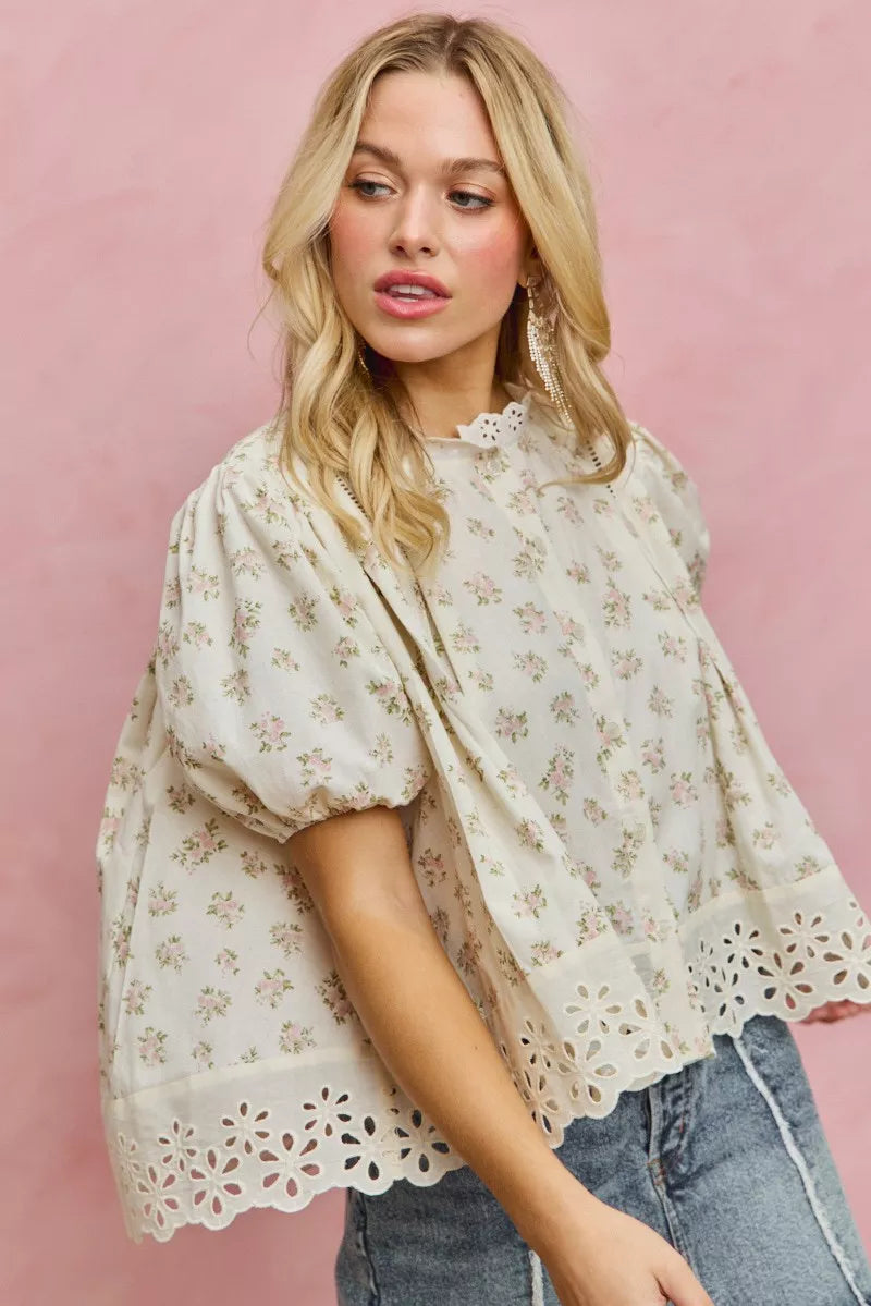SO ME Floral Print Lace Trim Short Sleeves Blouse