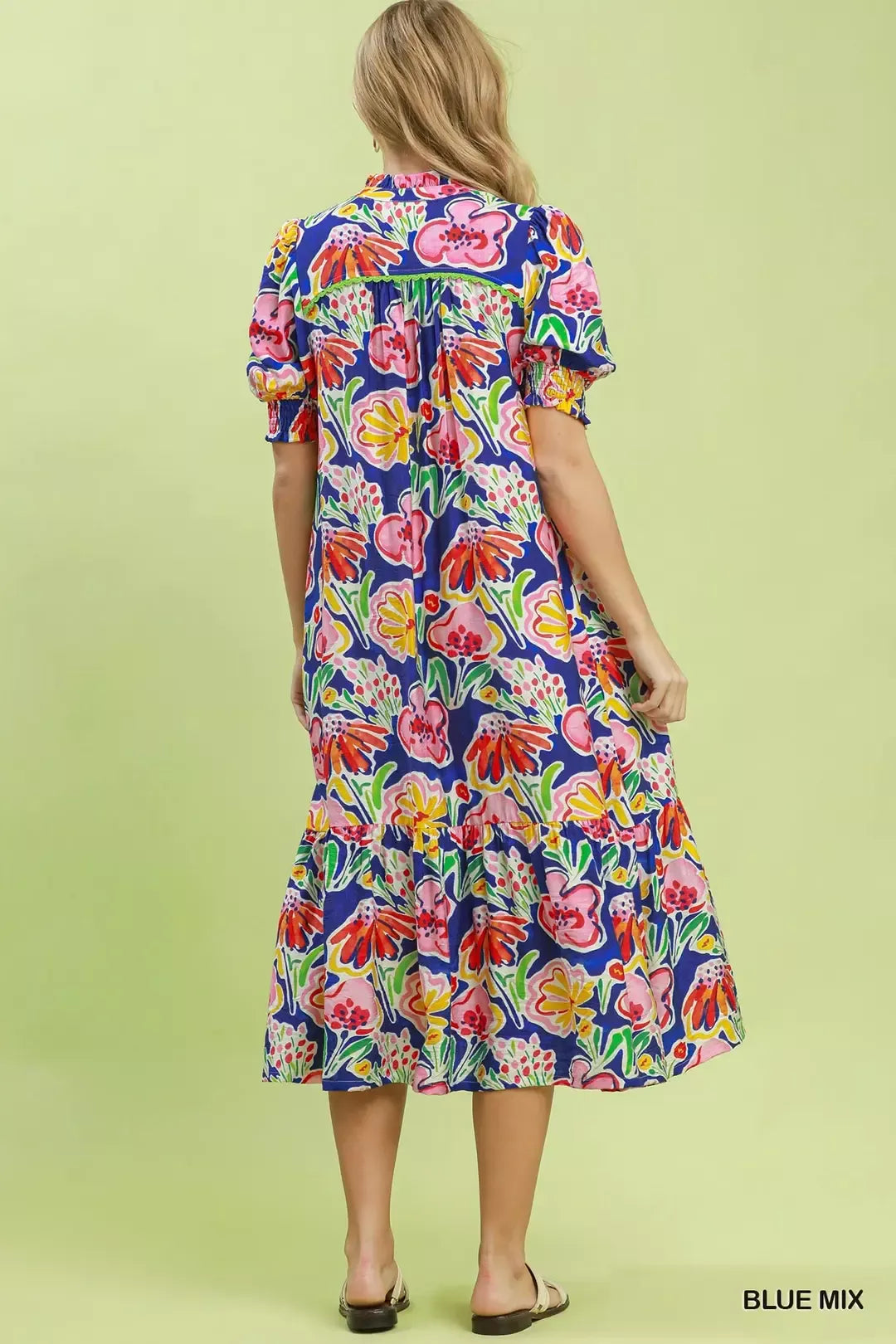 Umgee Floral Print Puff Sleeve Tiered Midi Dress
