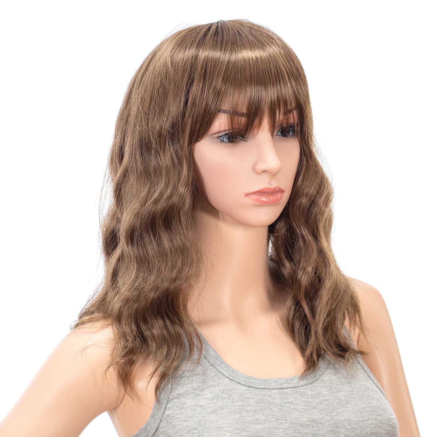 SWACC Short Curly Wavy Bob Wig with Bangs Synthetic Medium Shoulder Length Hair Wig for Women with Wig Cap (Brown Auburn Blended)