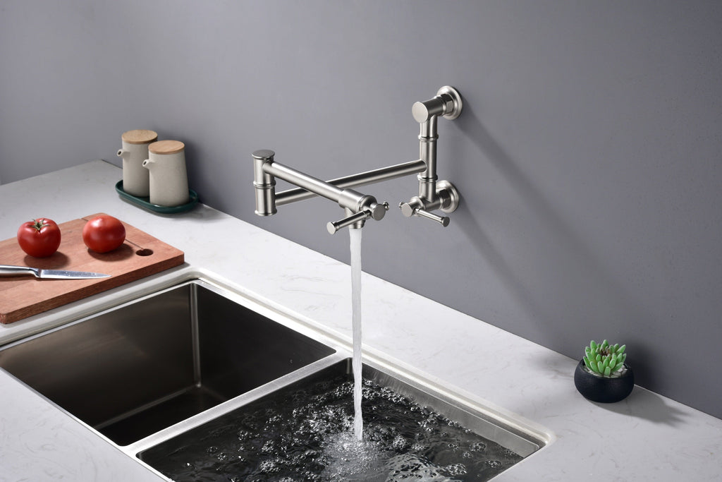 Wall mounted Pot Filler Faucet, Modern Brass Pot Filler Two-Attachment Wall Mount Folding Kitchen Pot Filler Swing Arm