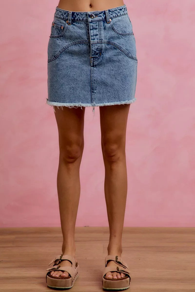 SO ME Washed Denim Floral Contrast Pockets Mini Skirt