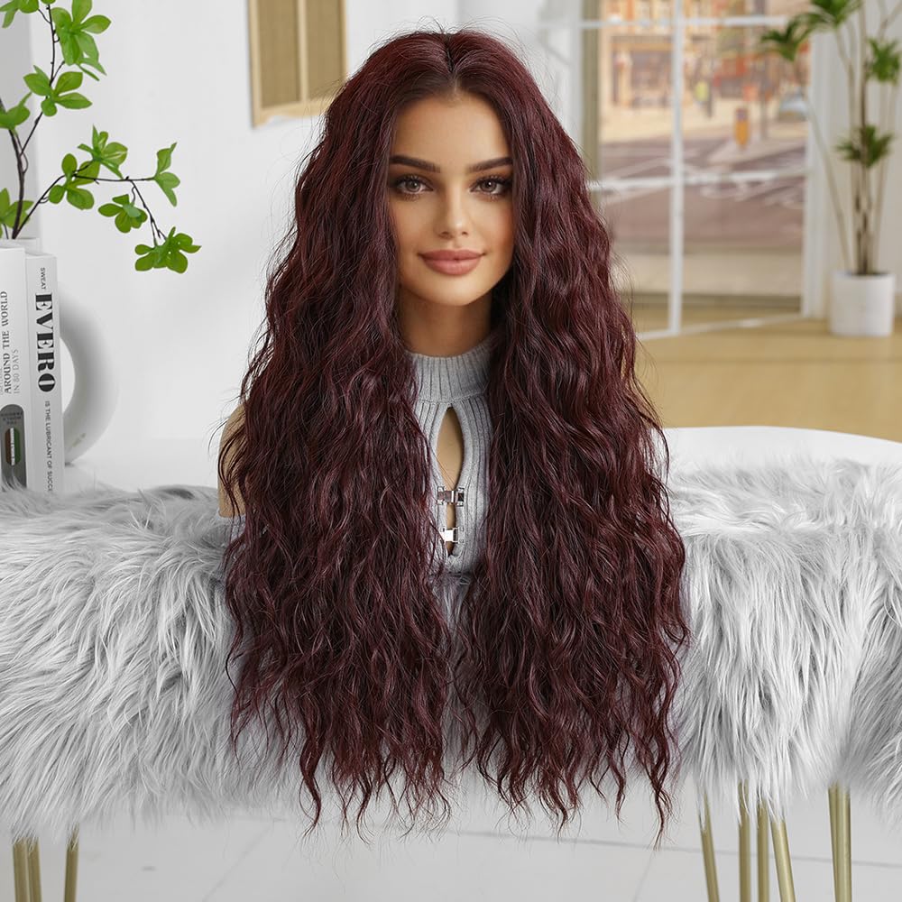 Looxey 26 Inch Water Wave Wig for Women Synthetic Curly Hair Wig Burgundy Wear and Go Glueless Wig Hair Replacement Wigs for Daily Use