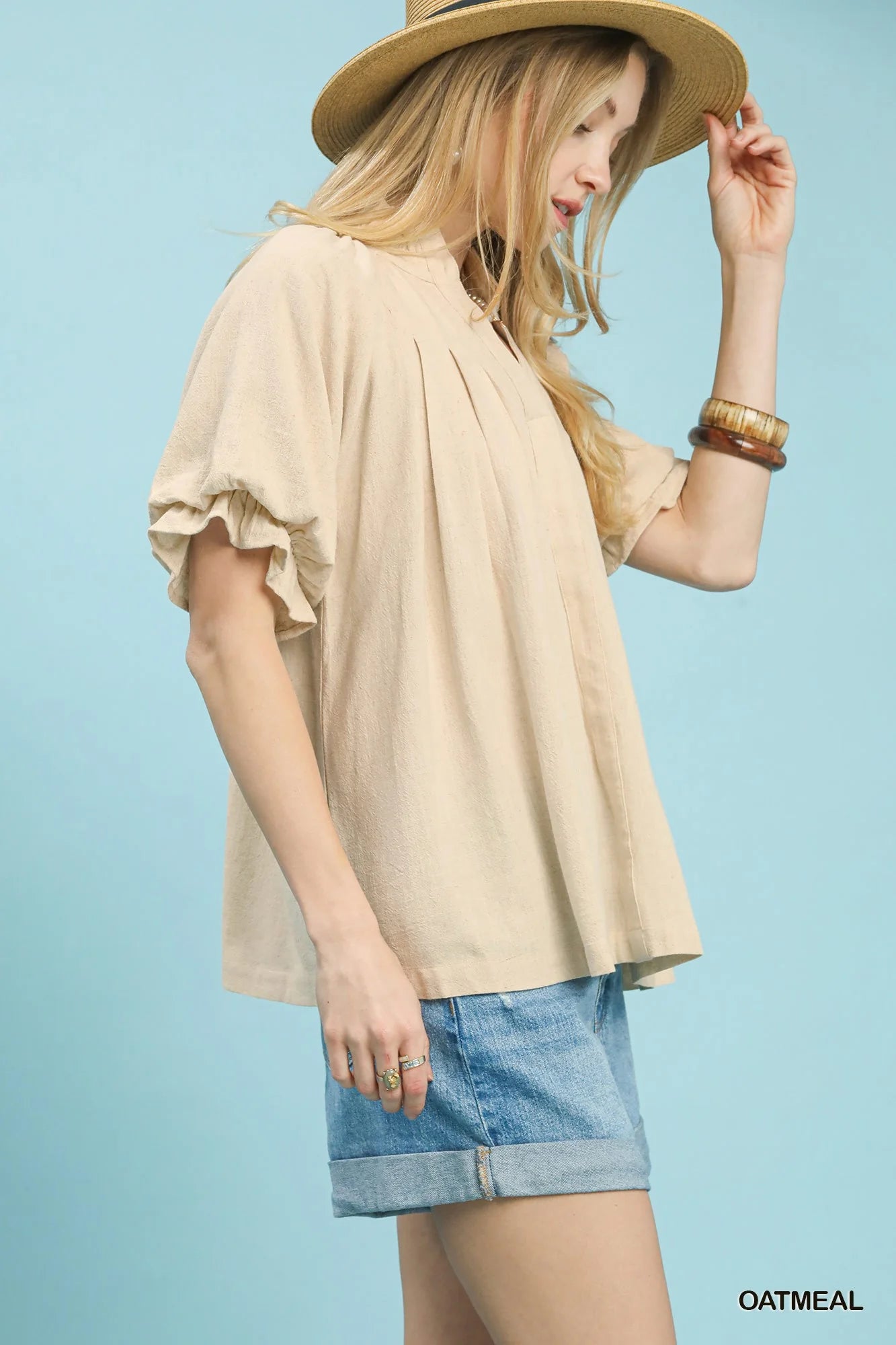 Umgee Linen V-Neck Flutter Sleeve Top
